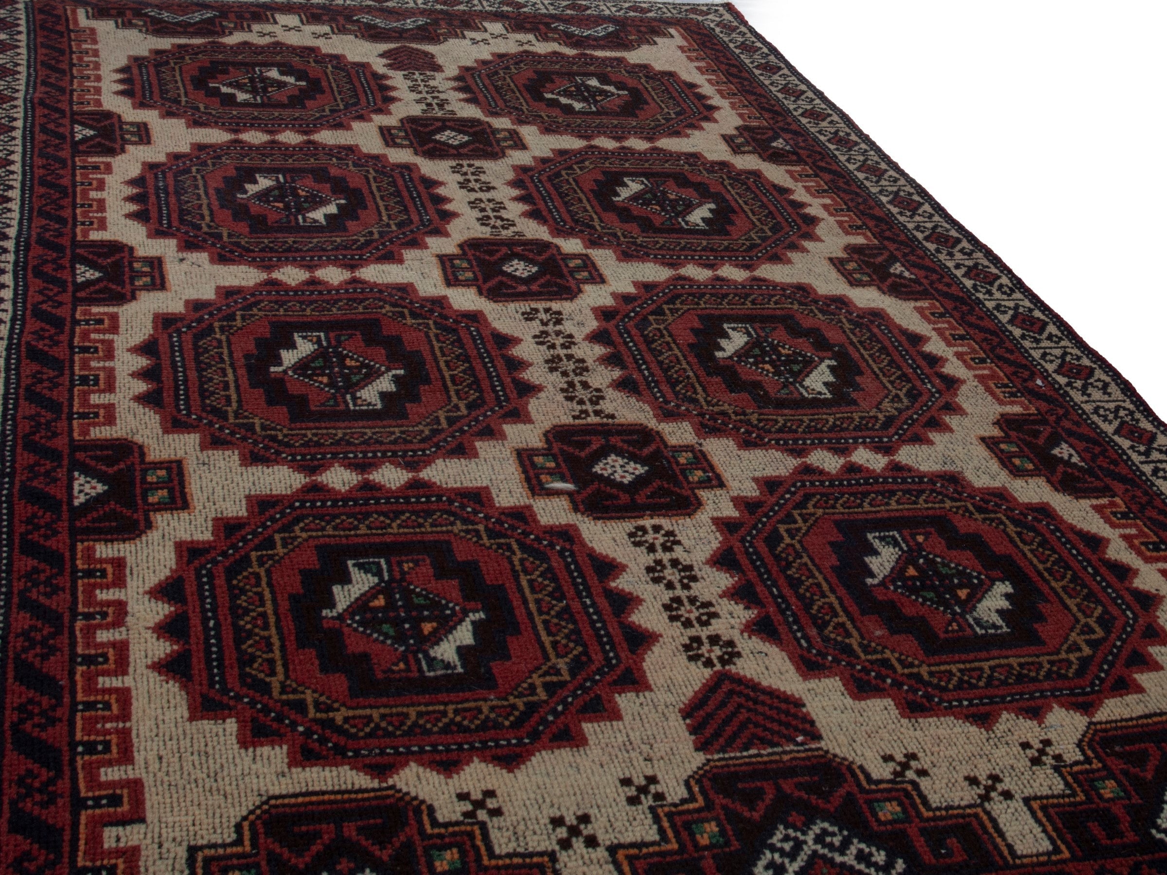 Persian Baluch accent rug in cream and burgundy, view 9 of 16