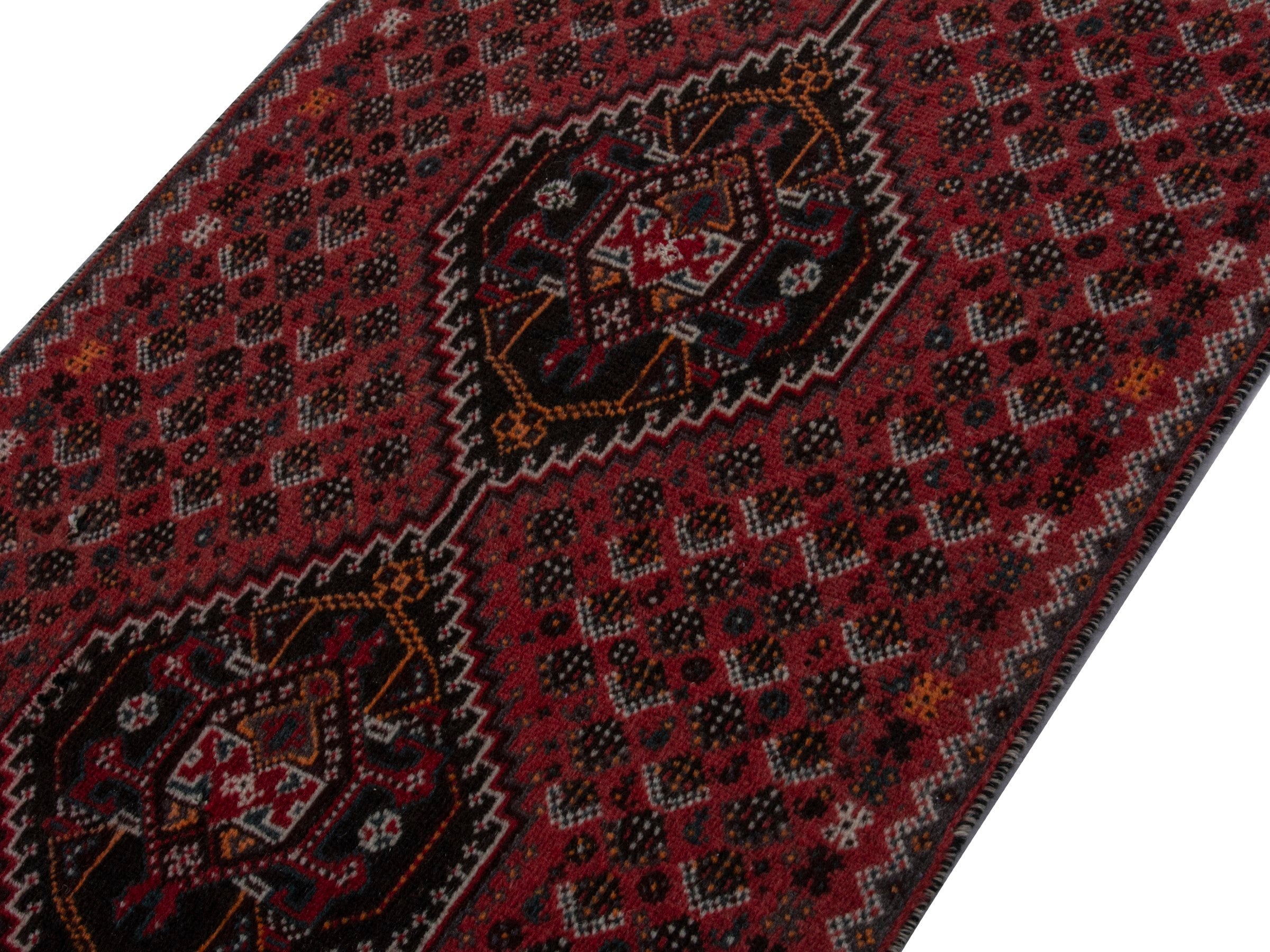 Persian Shiraz accent rug in burgundy and deep red, view 3 of 16