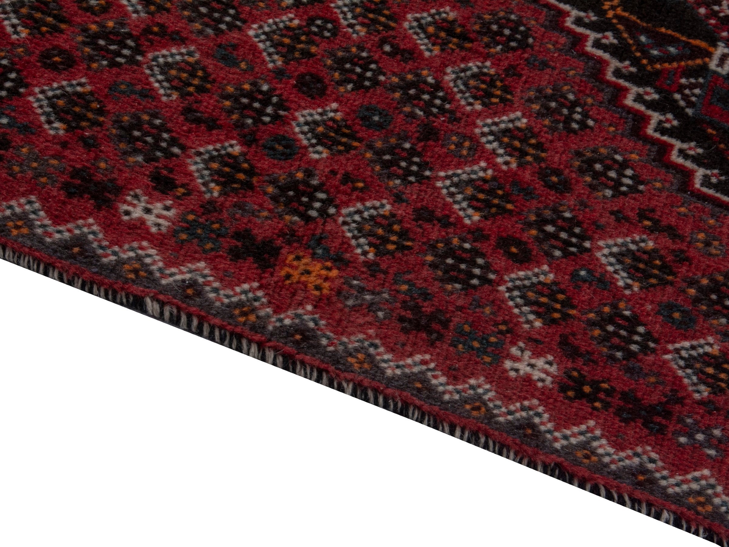 Persian Shiraz accent rug in burgundy and deep red, view 7 of 16
