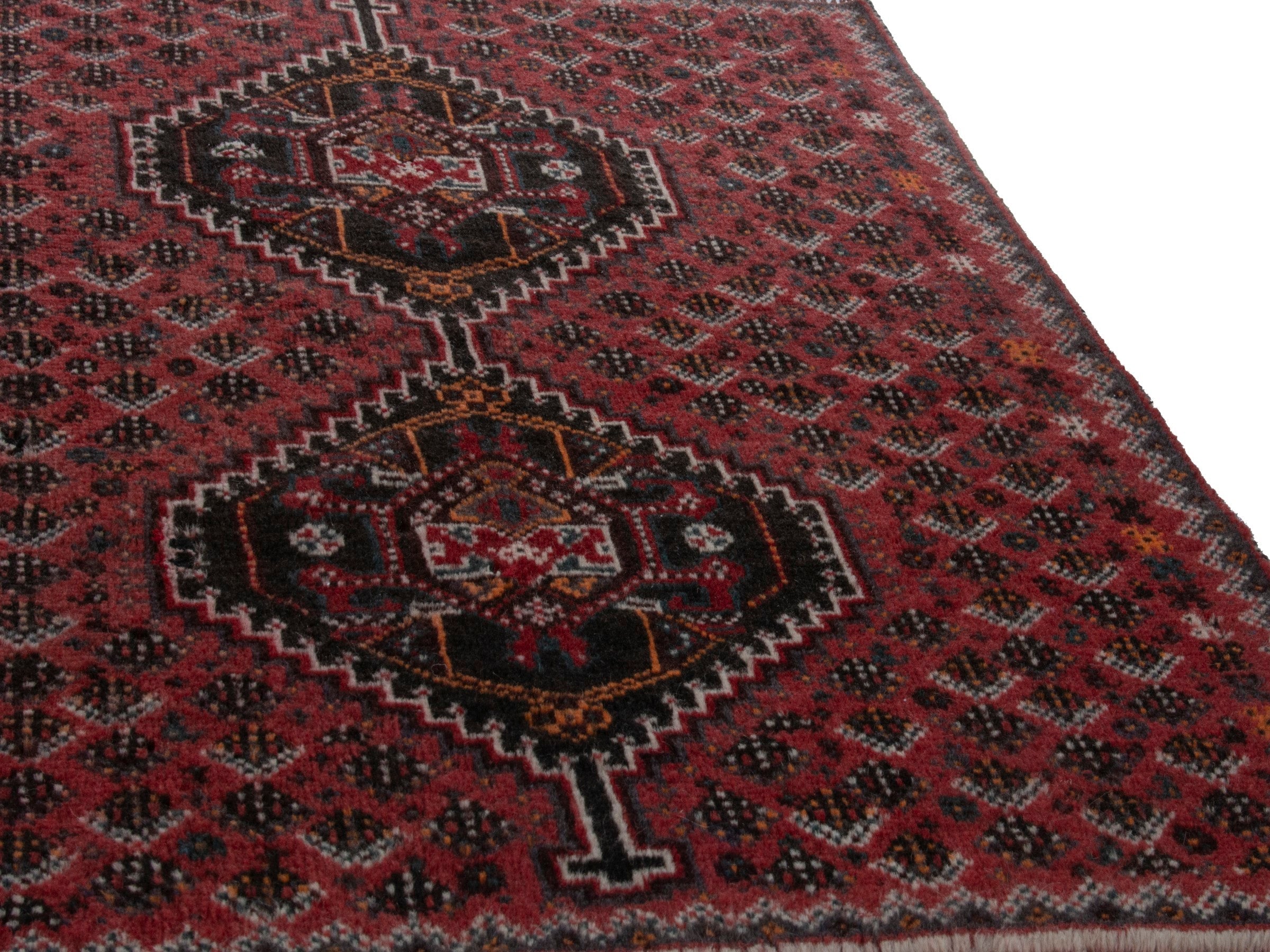Persian Shiraz accent rug in burgundy and deep red, view 9 of 16