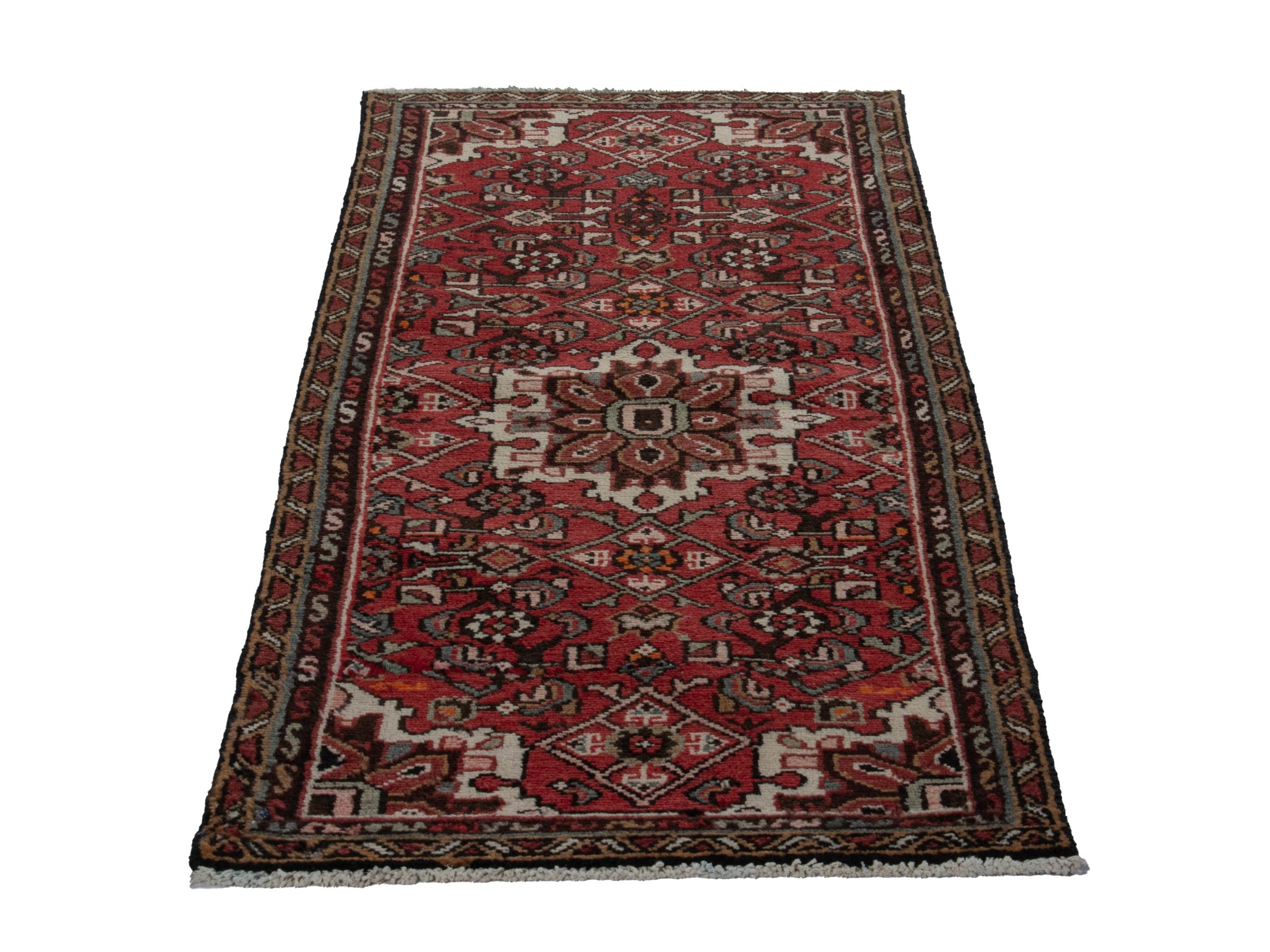 Persian Hamedan accent rug in deep red and cream, view 2 of 16