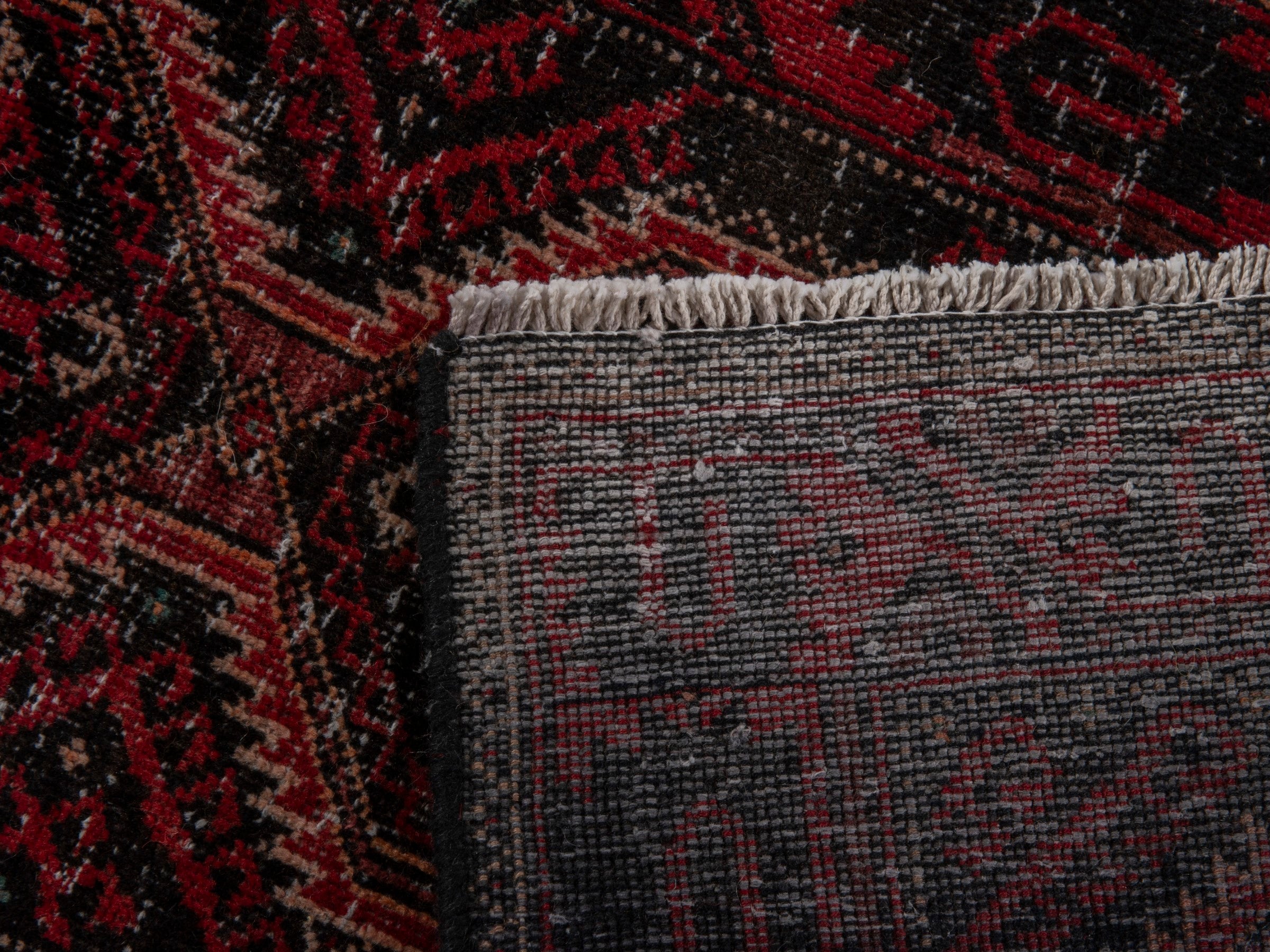Persian Baluch runner rug in burgundy and deep red, view 17 of 17