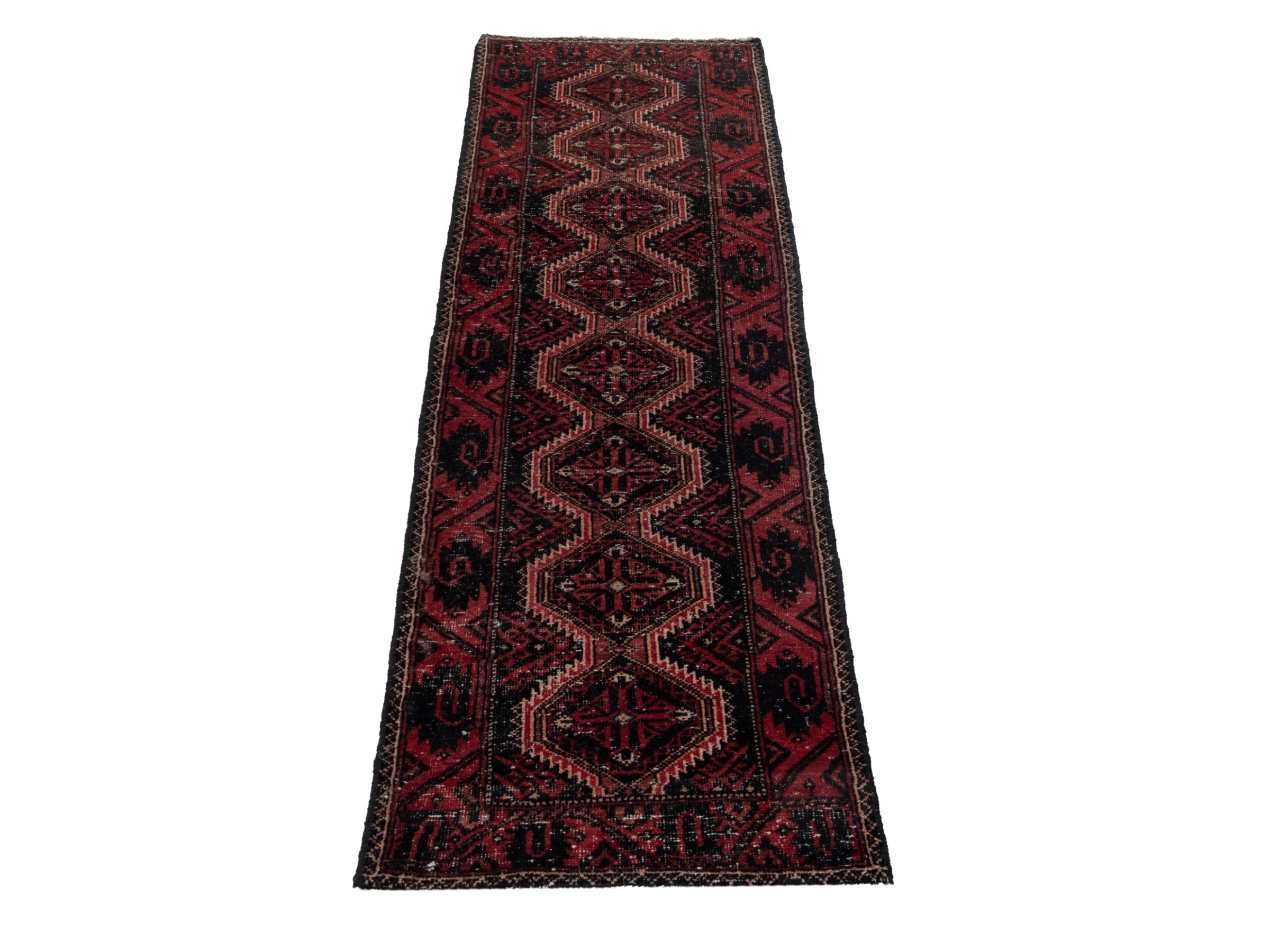 Persian Baluch runner rug in burgundy and deep red, view 2 of 17