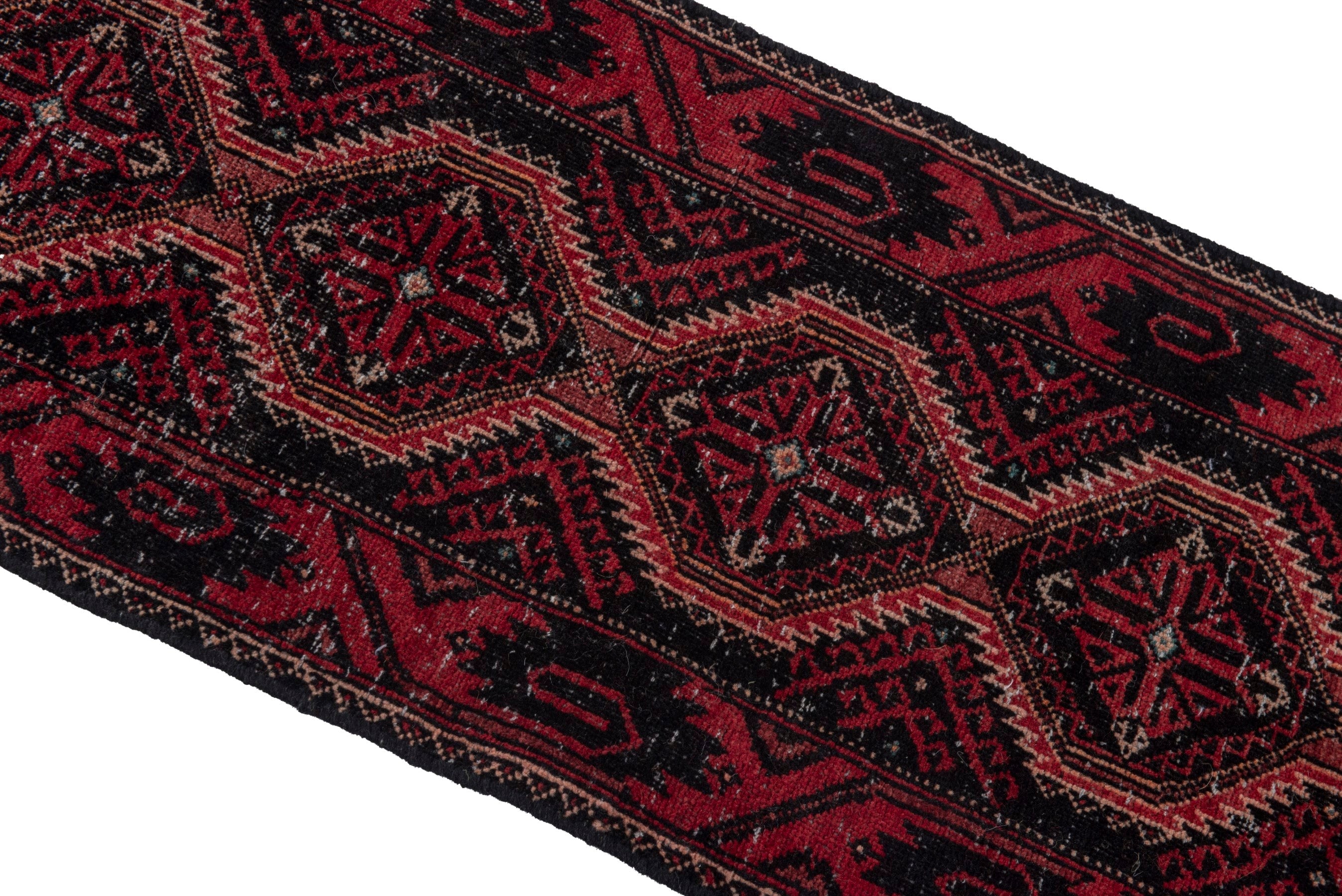 Persian Baluch runner rug in burgundy and deep red, view 3 of 17