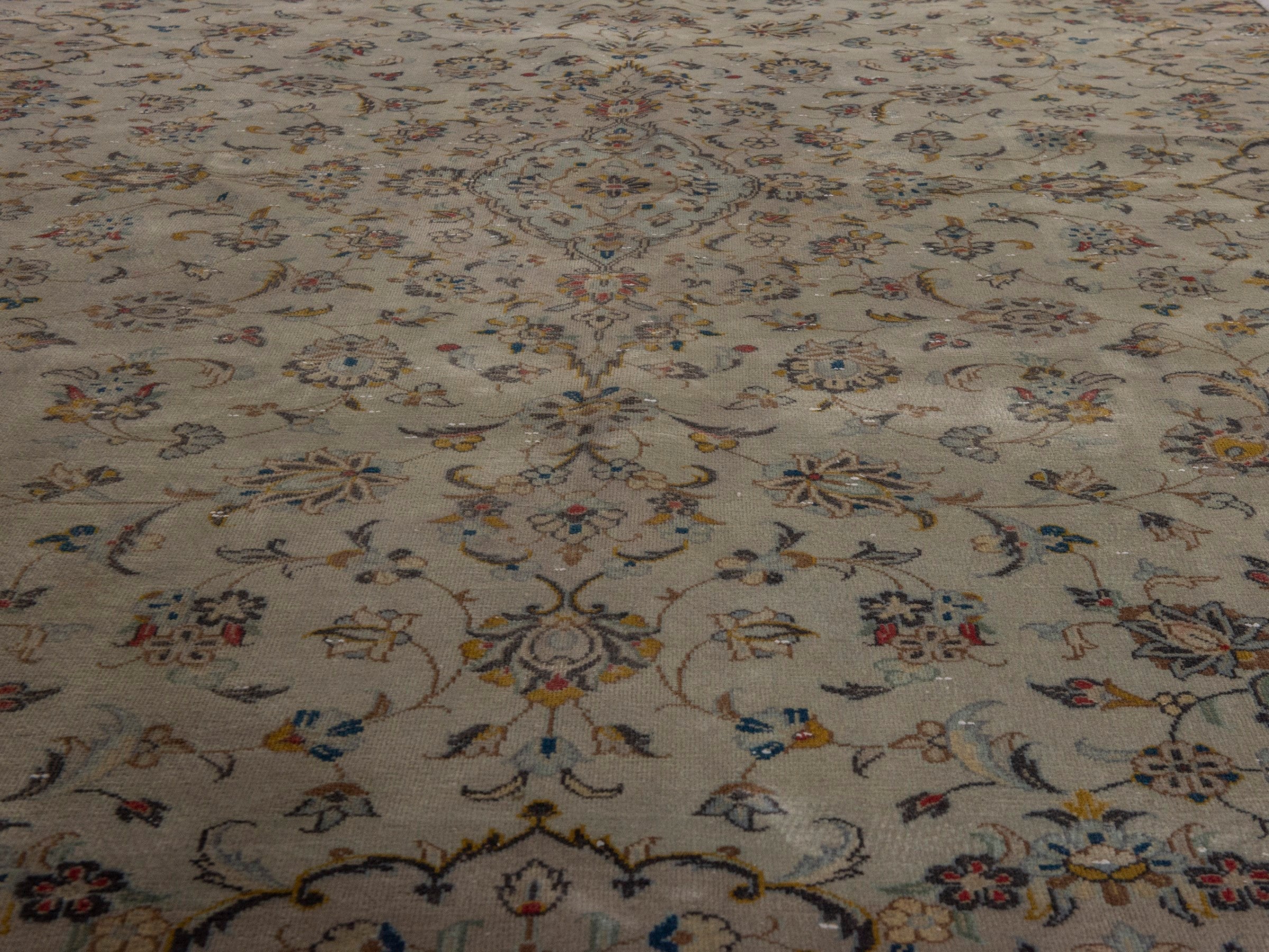 Persian Kashan area rug in cream and sage, view 10 of 22
