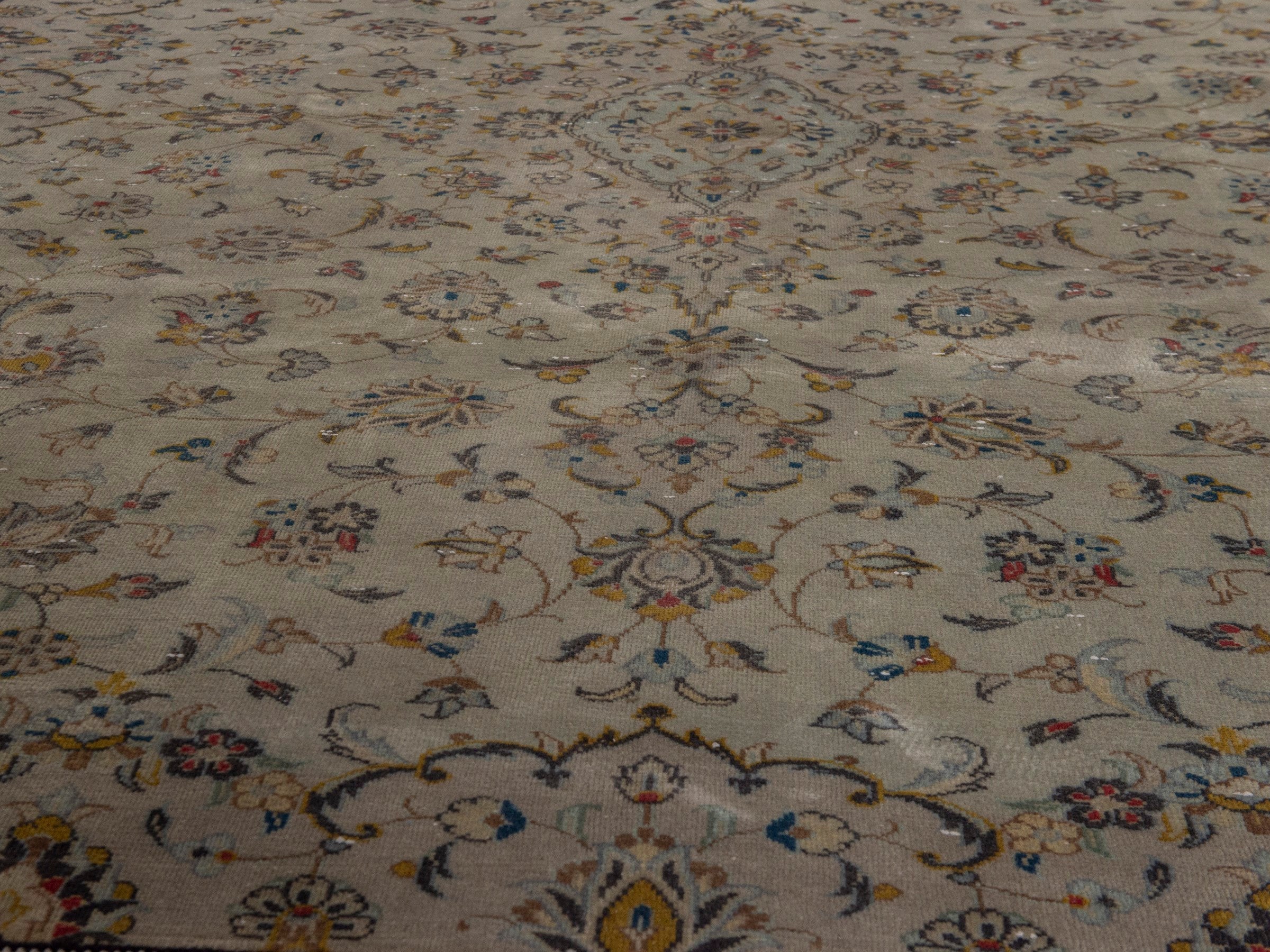 Persian Kashan area rug in cream and sage, view 12 of 22