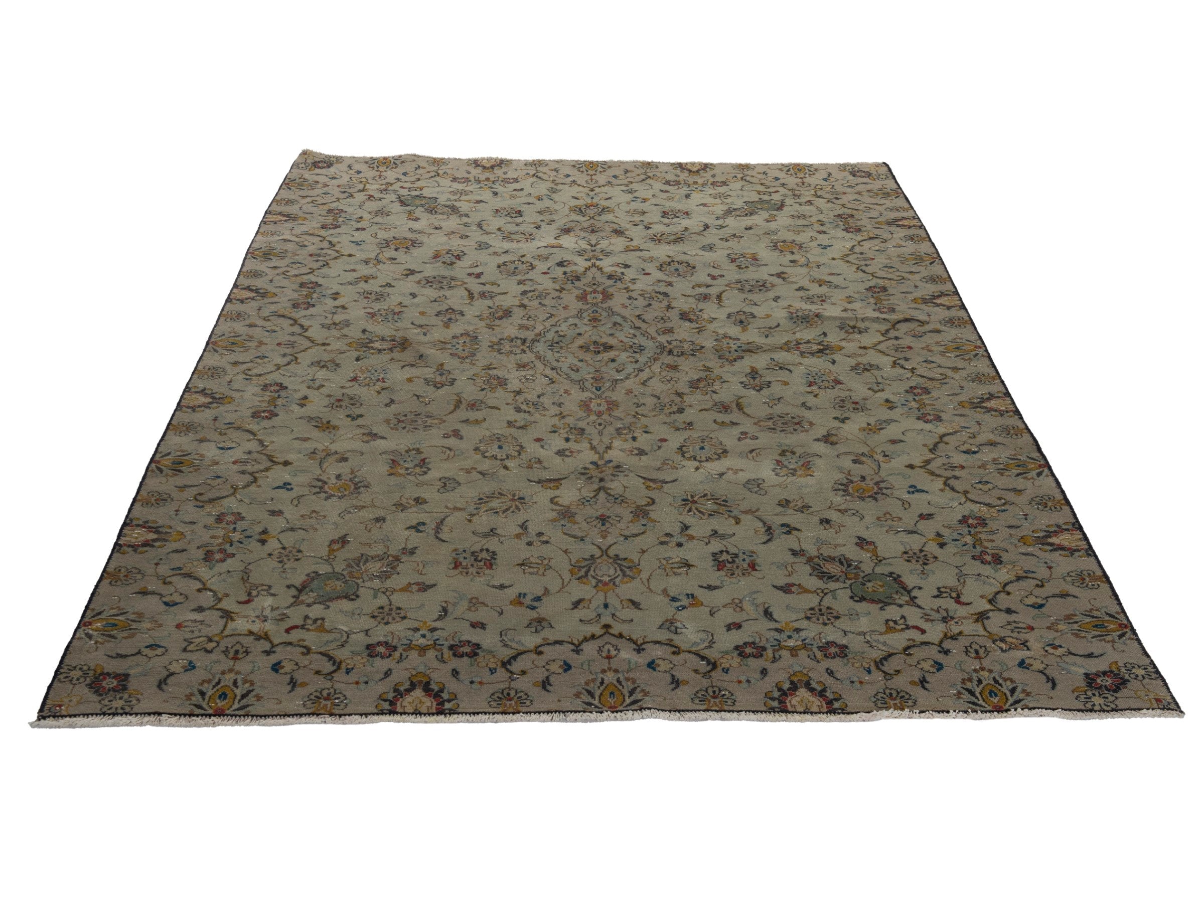 Persian Kashan area rug in cream and sage, view 3 of 22