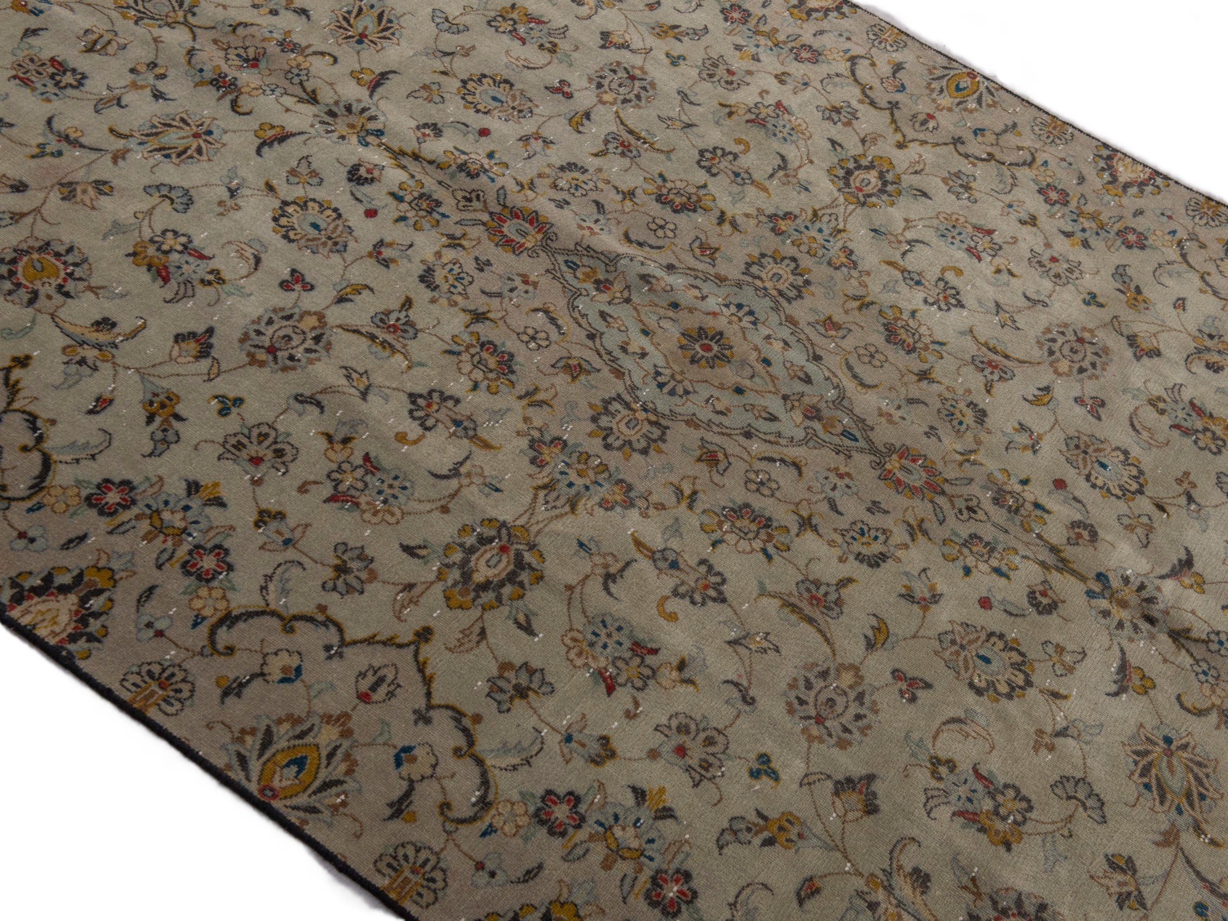Persian Kashan area rug in cream and sage, view 4 of 22