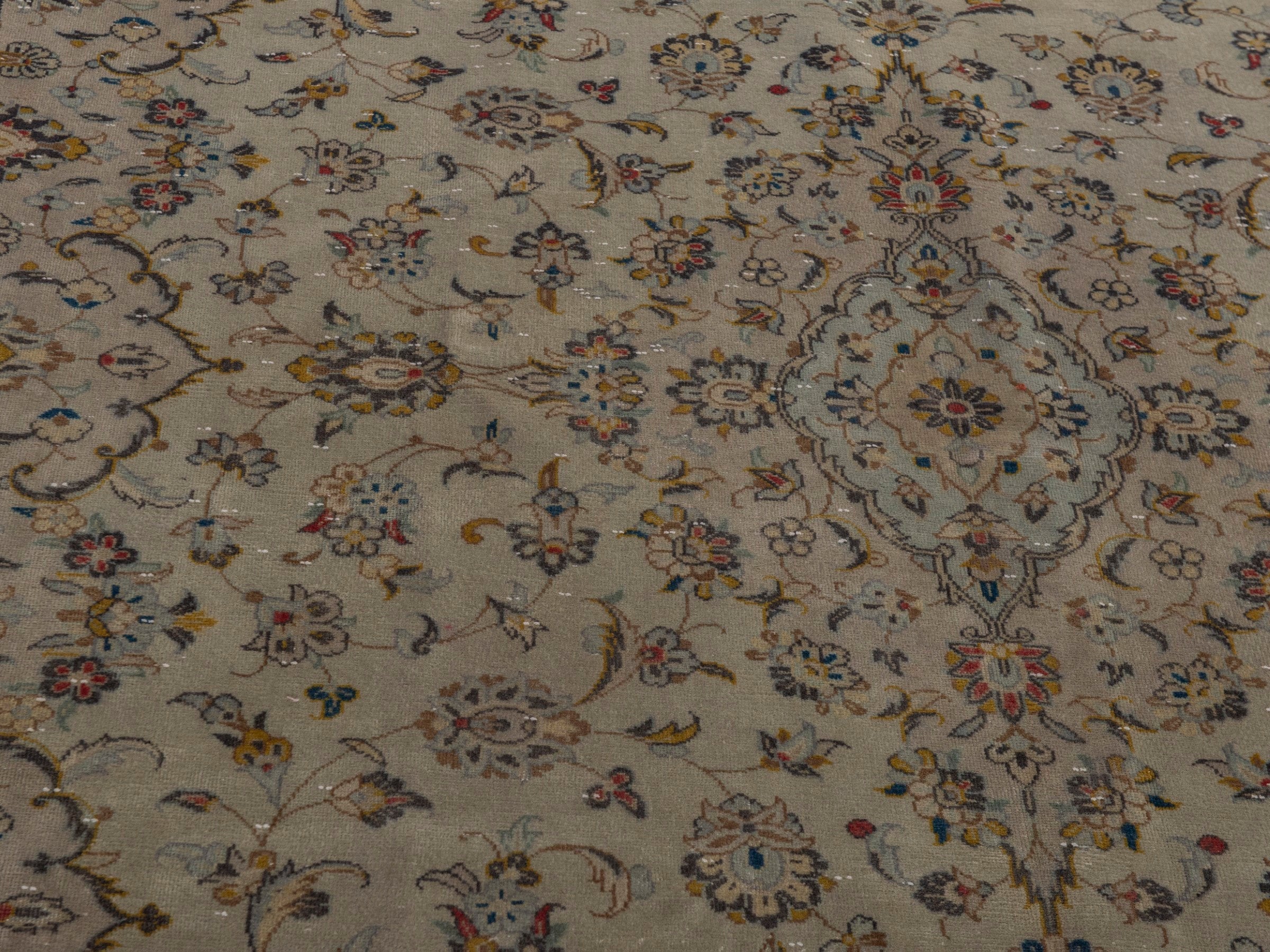 Persian Kashan area rug in cream and sage, view 7 of 22