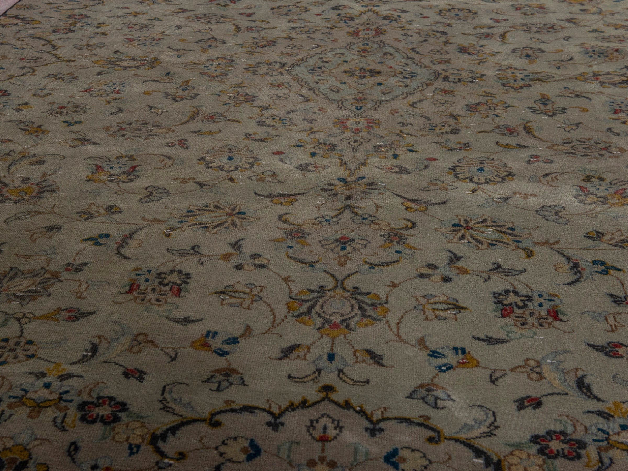 Persian Kashan area rug in cream and sage, view 9 of 22