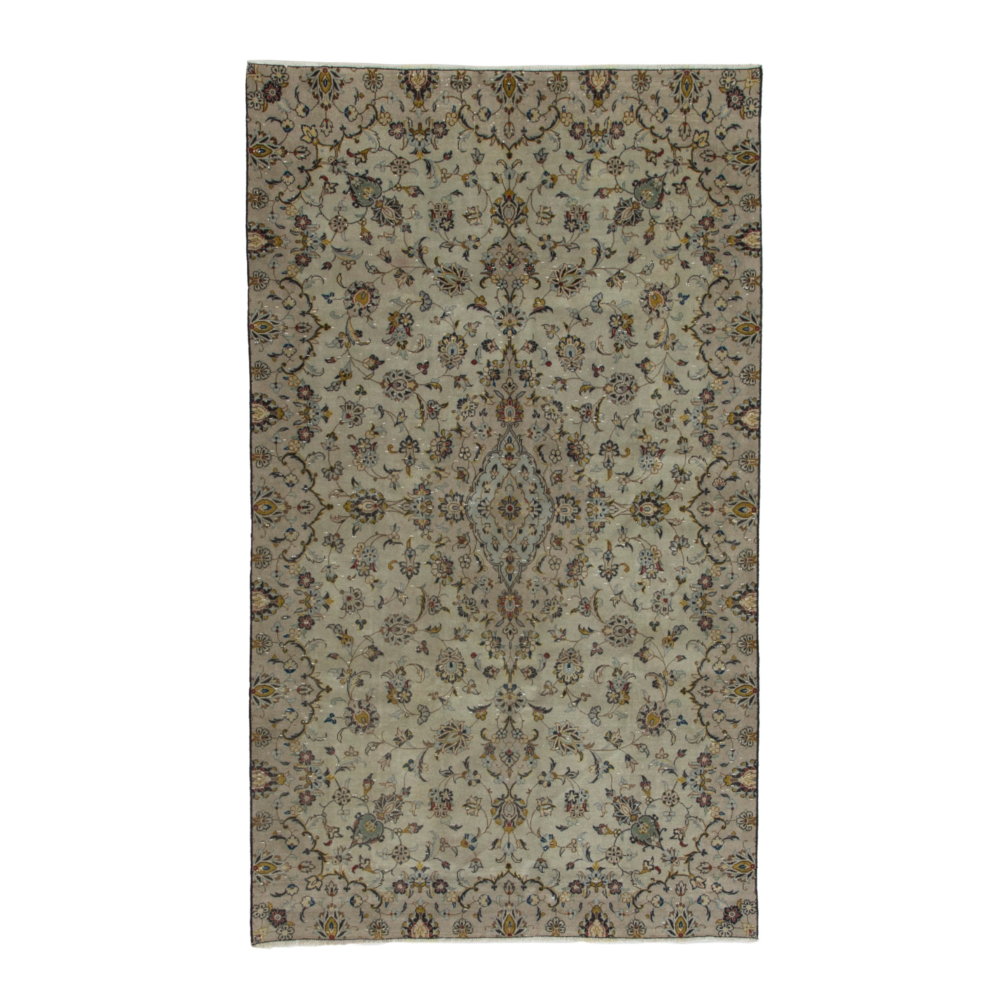Persian Kashan area rug in cream and sage, 5'2" x 8'4"