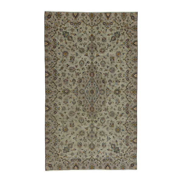 Persian Kashan area rug in cream and sage, 5'2" x 8'4"