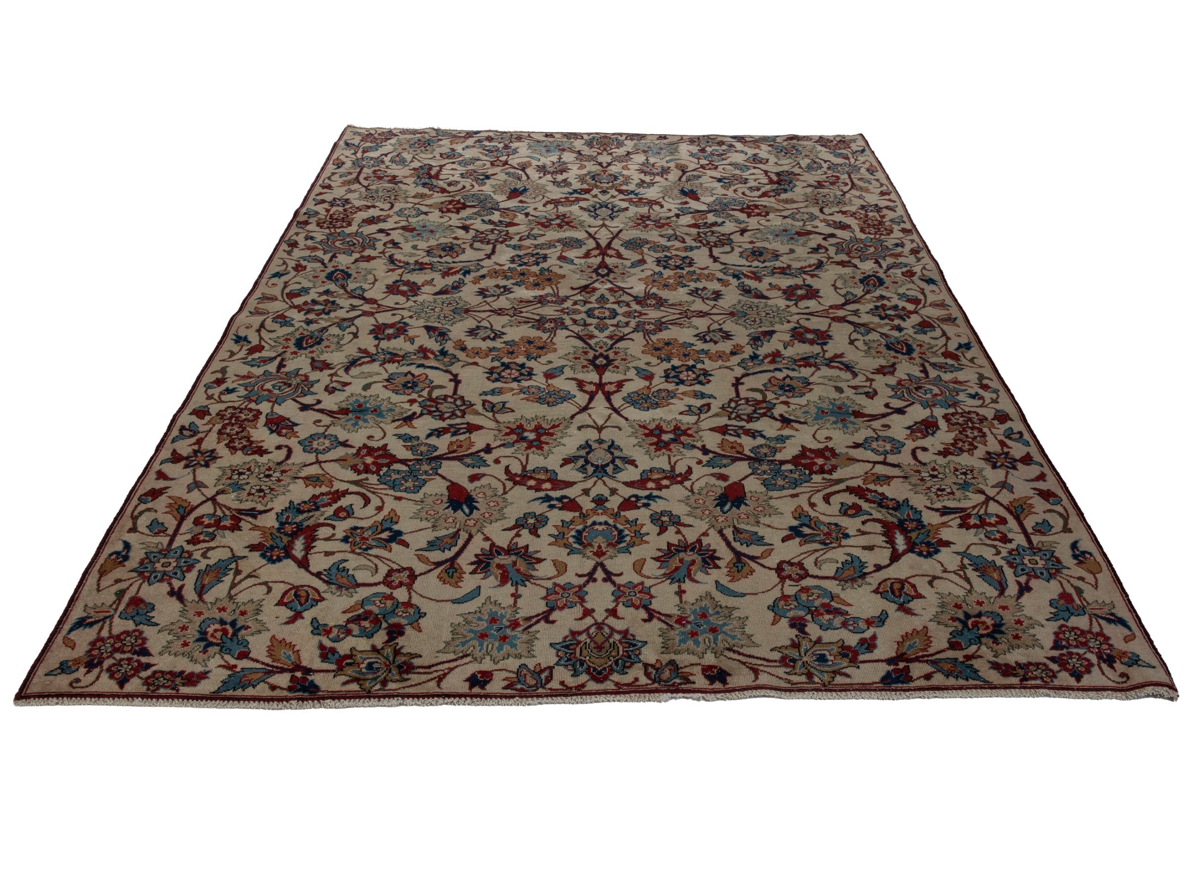 Persian Yazd area rug in cream and burgundy, view 2 of 20