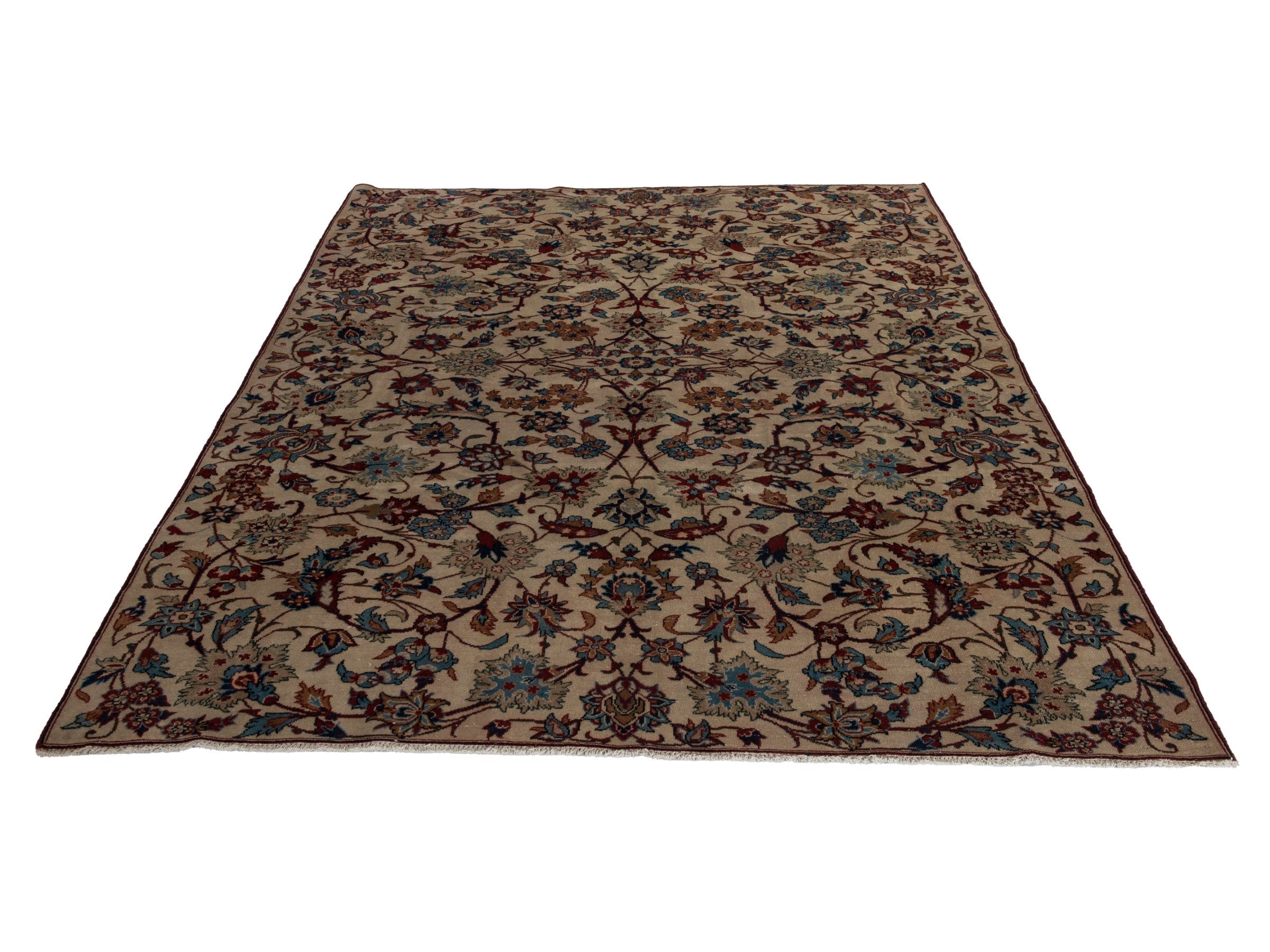 Persian Yazd area rug in cream and burgundy, view 3 of 20