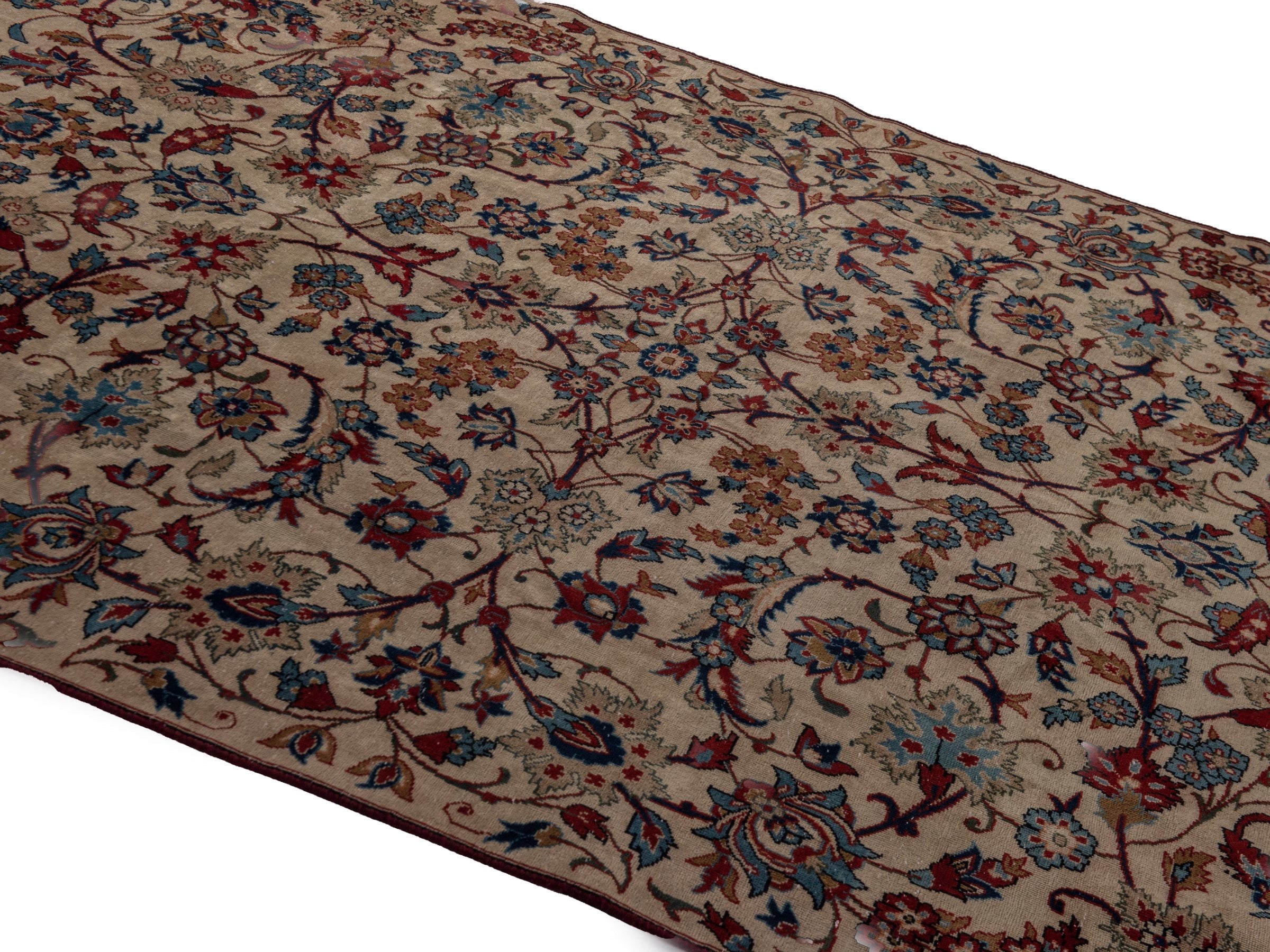 Persian Yazd area rug in cream and burgundy, view 4 of 20