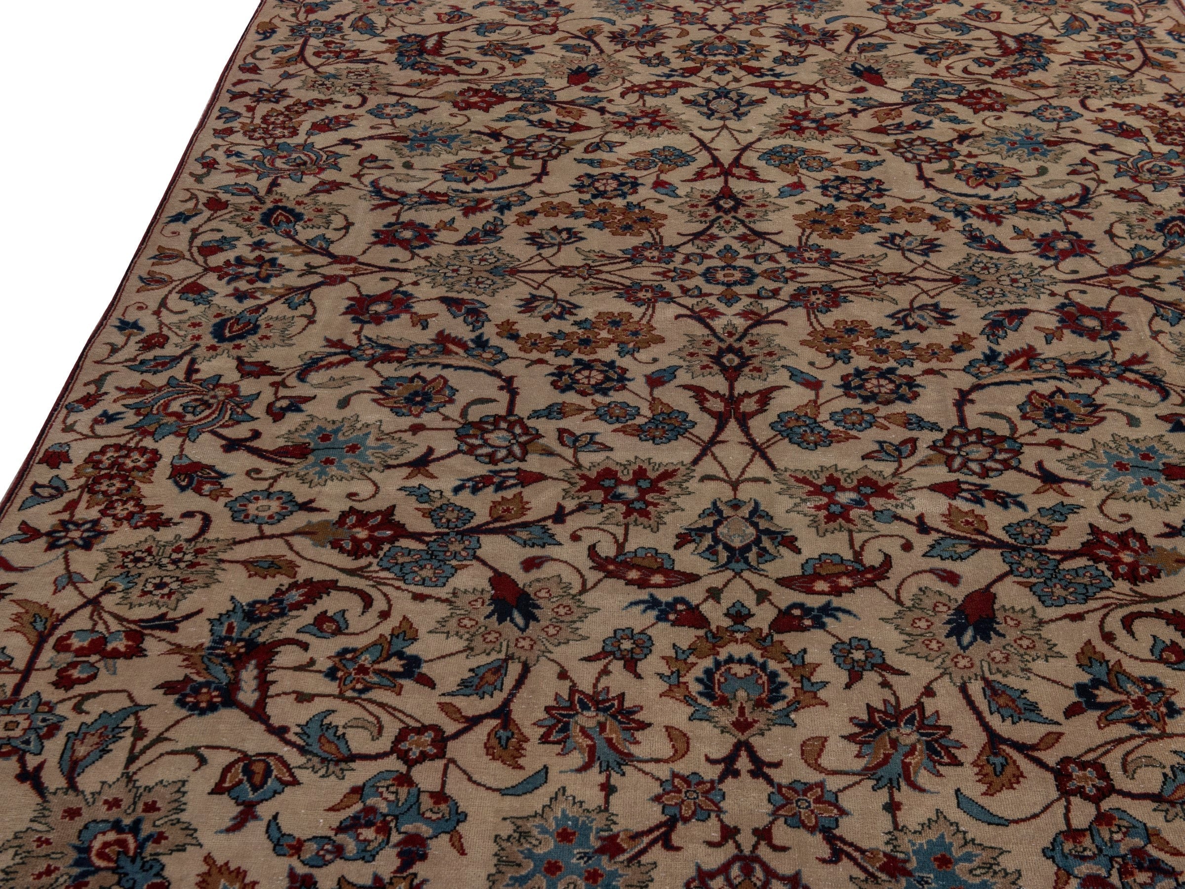 Persian Yazd area rug in cream and burgundy, view 9 of 20