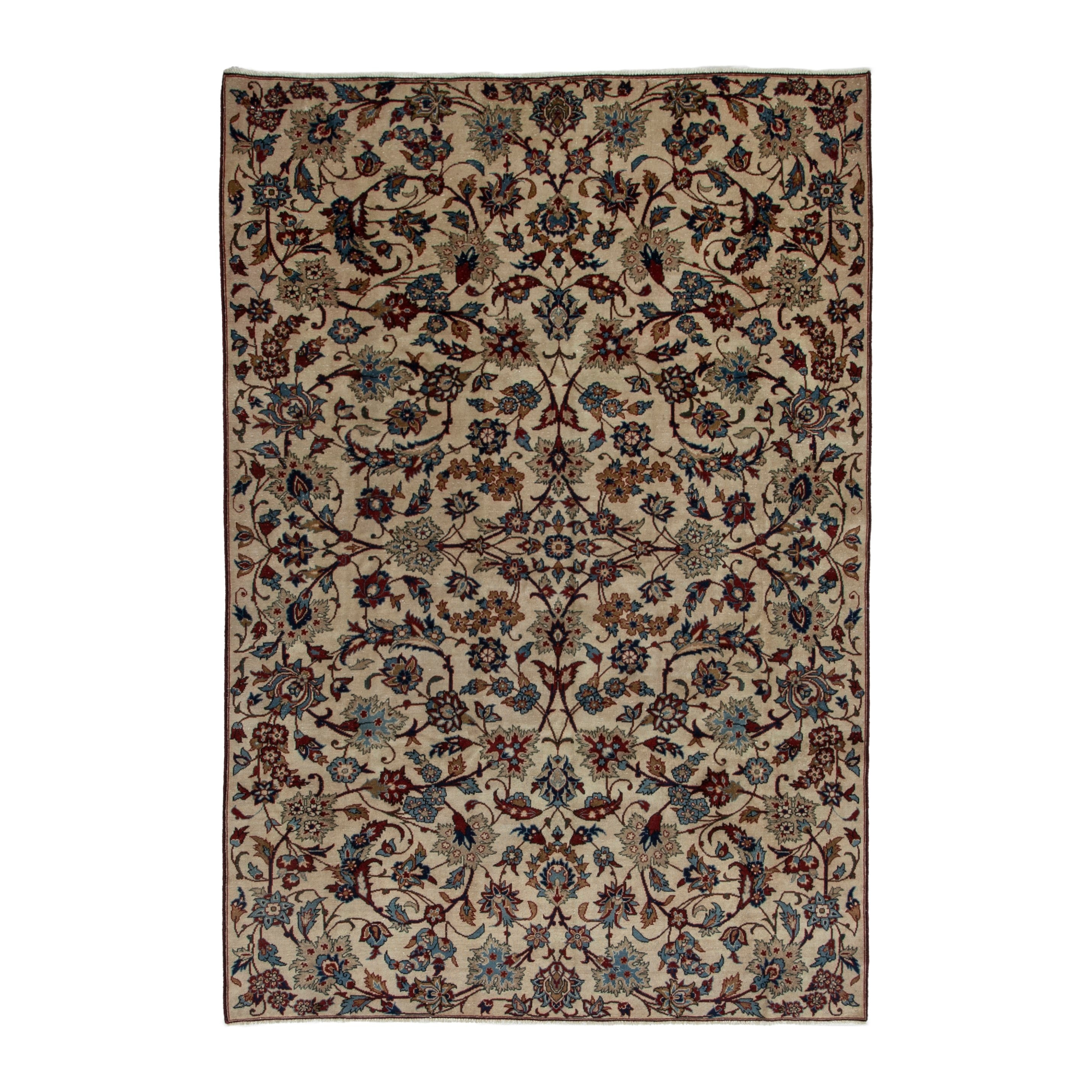 Persian Yazd area rug in cream and burgundy, 6'2" x 9'2"