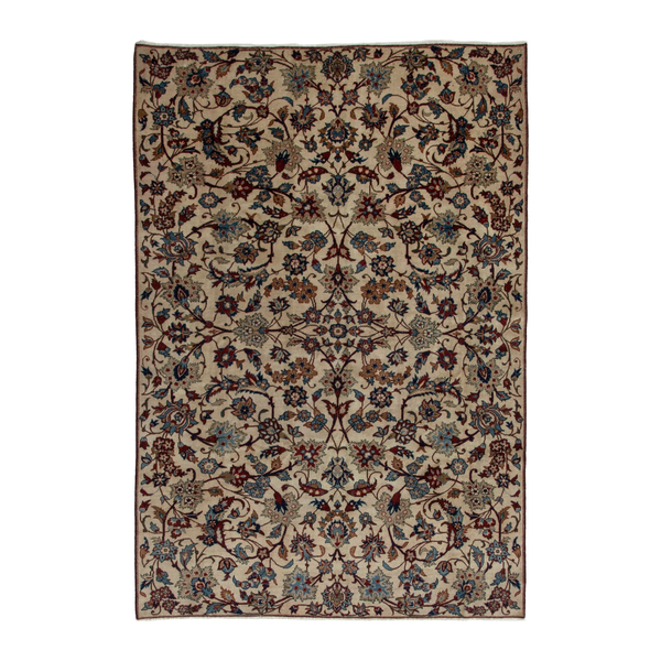 Persian Yazd area rug in cream and burgundy, 6'2" x 9'2"