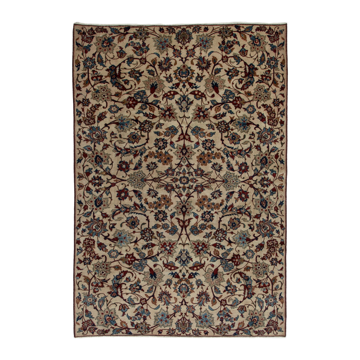 Persian Yazd area rug in cream and burgundy, 6'2" x 9'2"