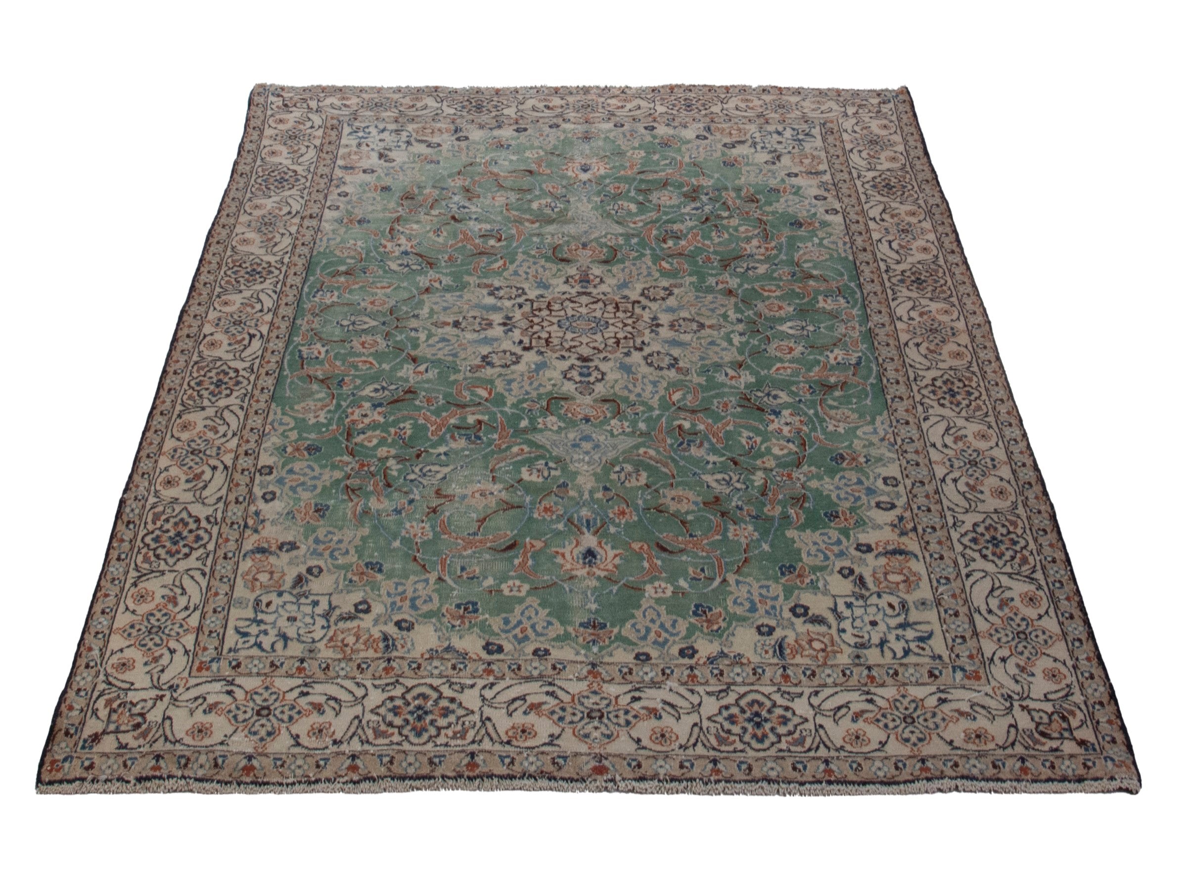 Persian Nain area rug in teal and cream, view 3 of 19