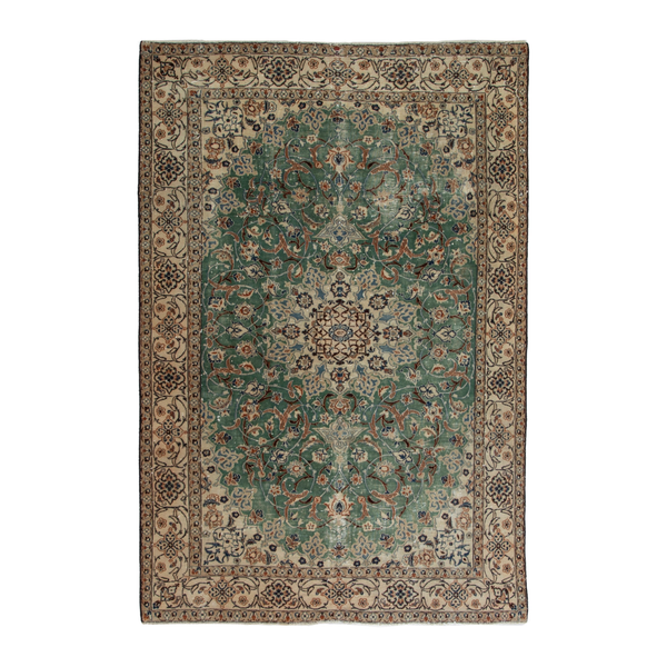 Persian Nain area rug in teal and cream, 6'7" x 9'5"