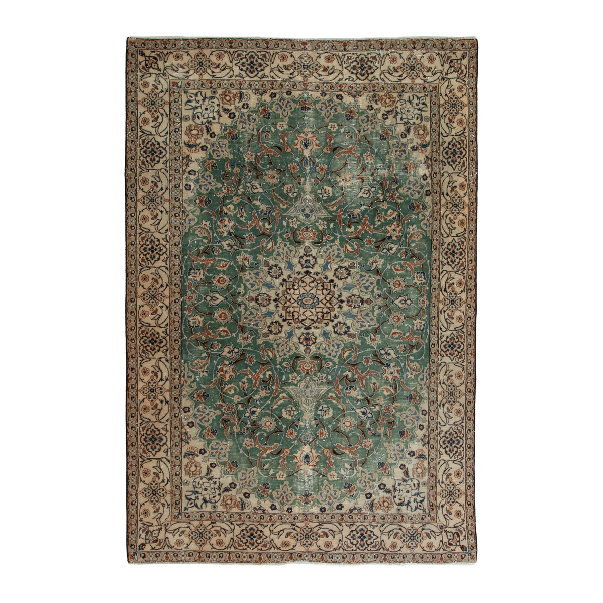 Persian Nain area rug in teal and cream, 6'7" x 9'5"