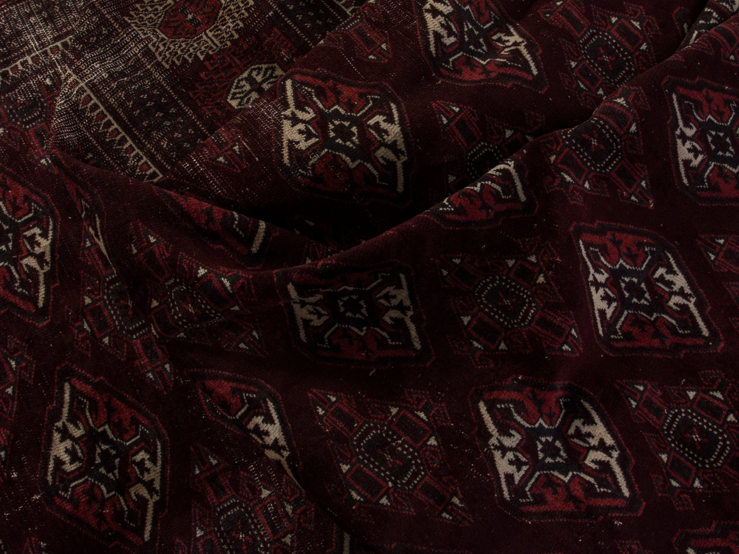 Persian Torkaman oversized rug in burgundy and cream, view 18 of 19