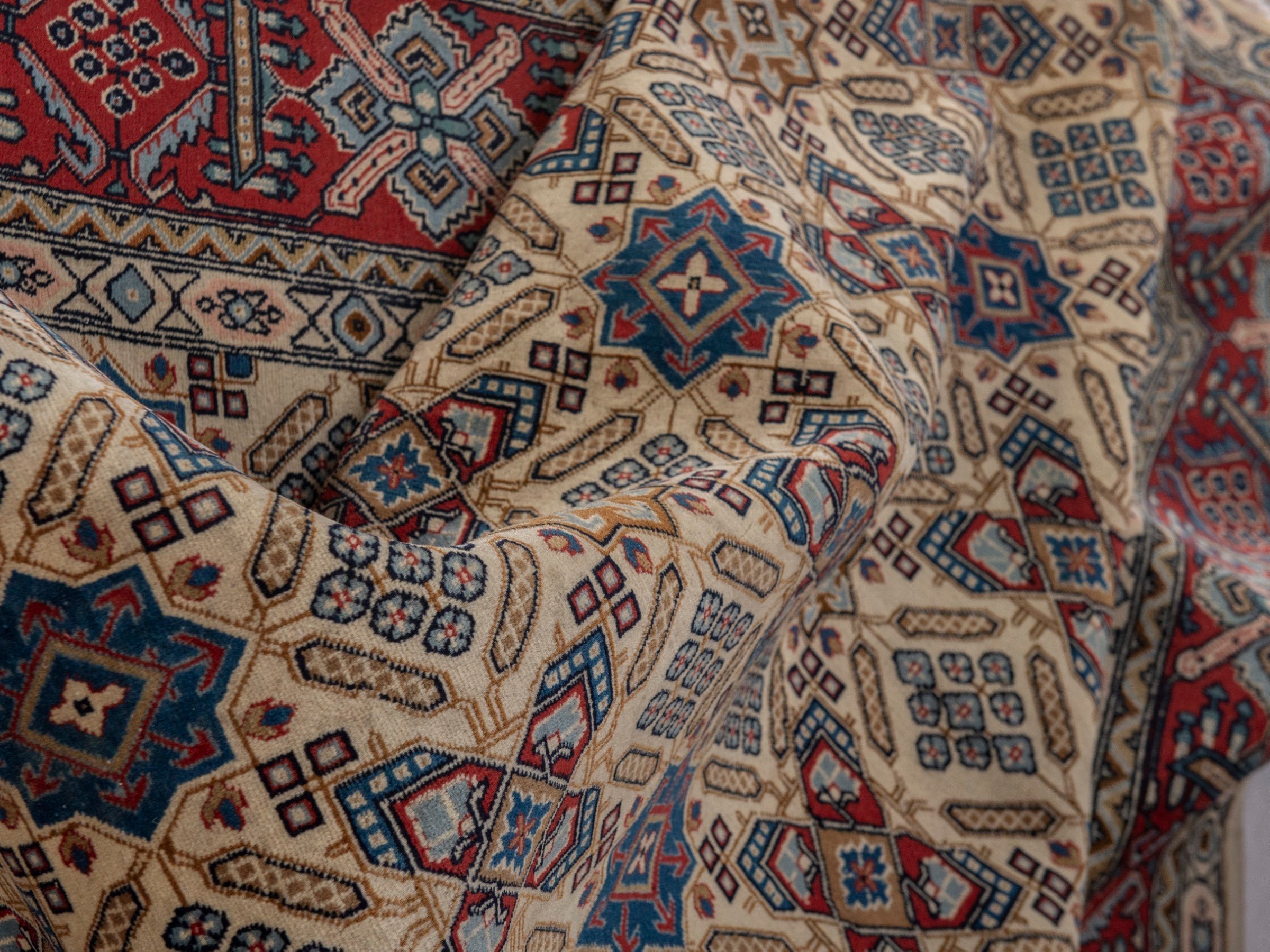 Persian Yazd area rug in straw and burgundy, view 20 of 21