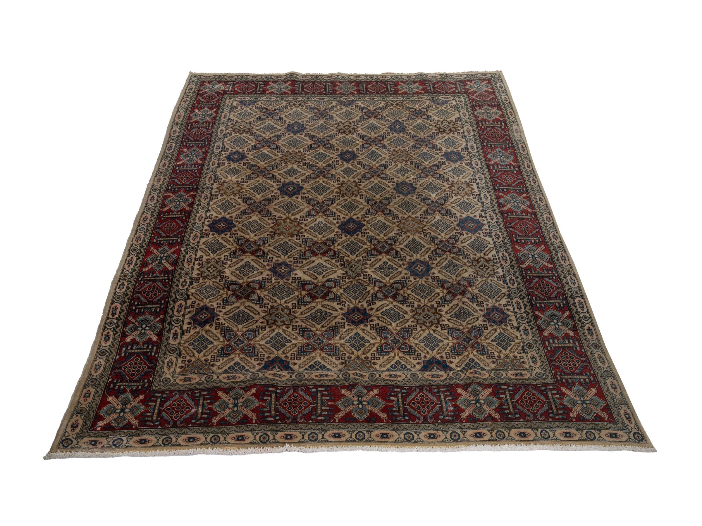 Persian Yazd area rug in straw and burgundy, view 2 of 21