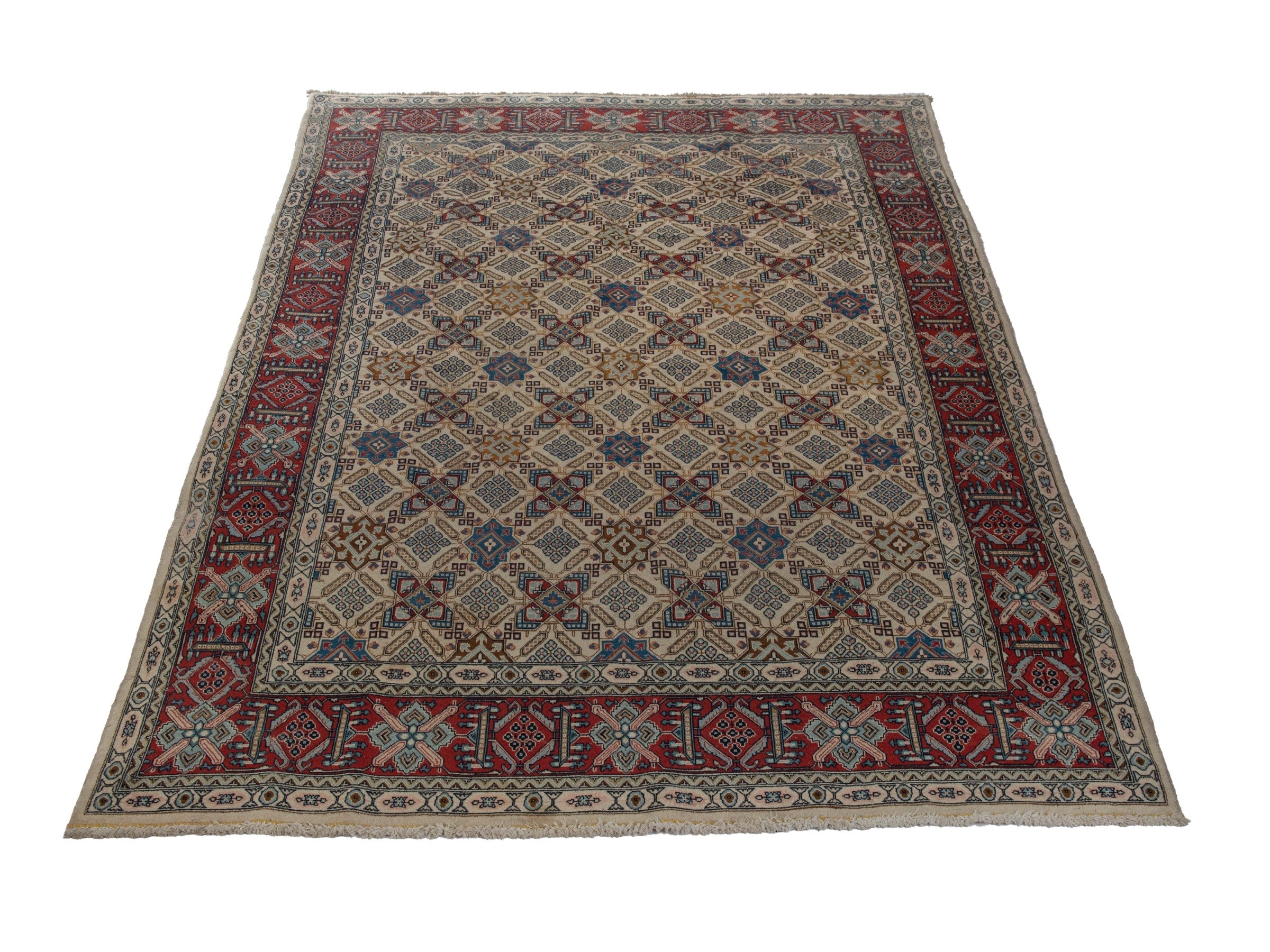 Persian Yazd area rug in straw and burgundy, view 3 of 21