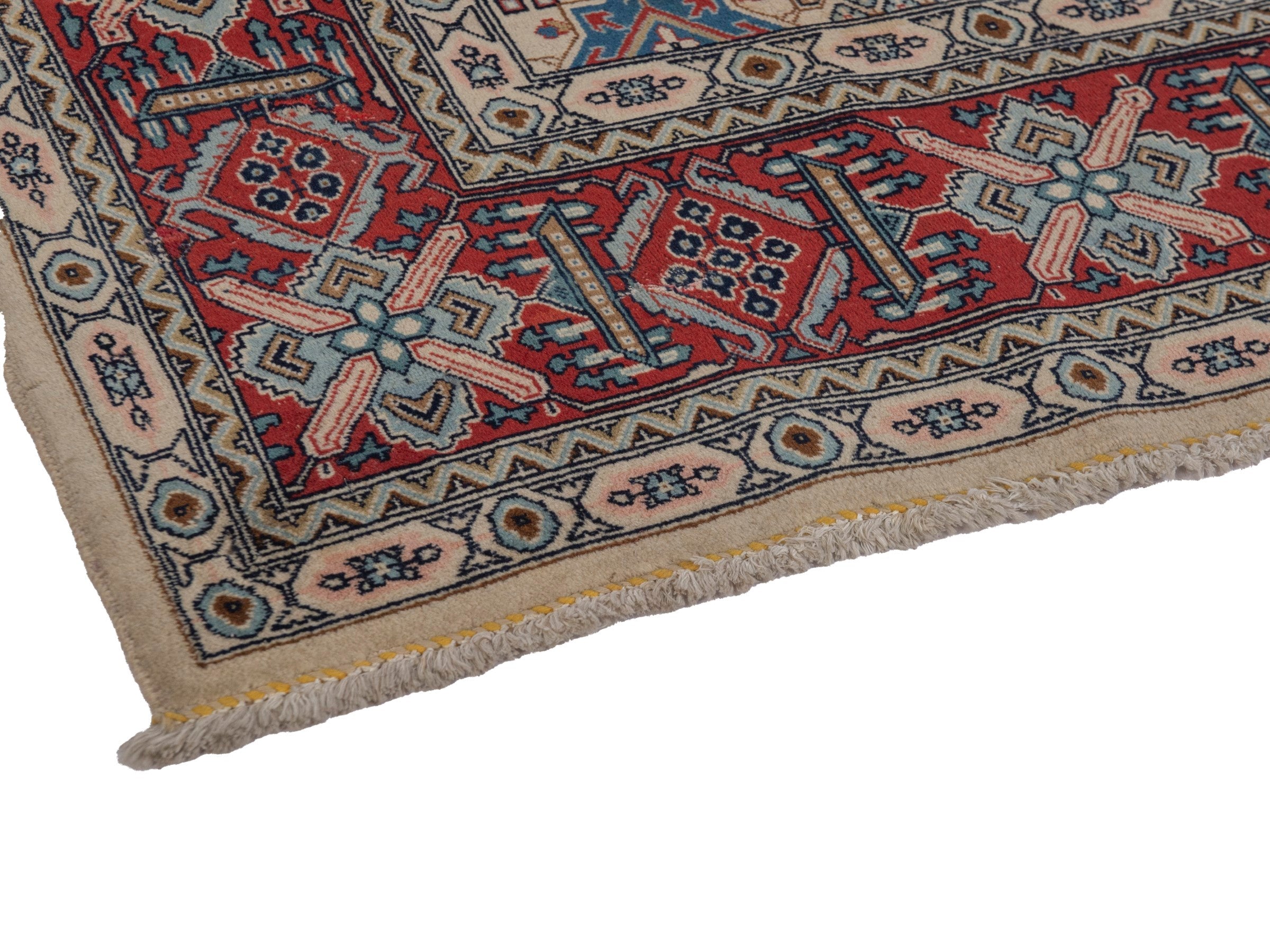 Persian Yazd area rug in straw and burgundy, view 6 of 21