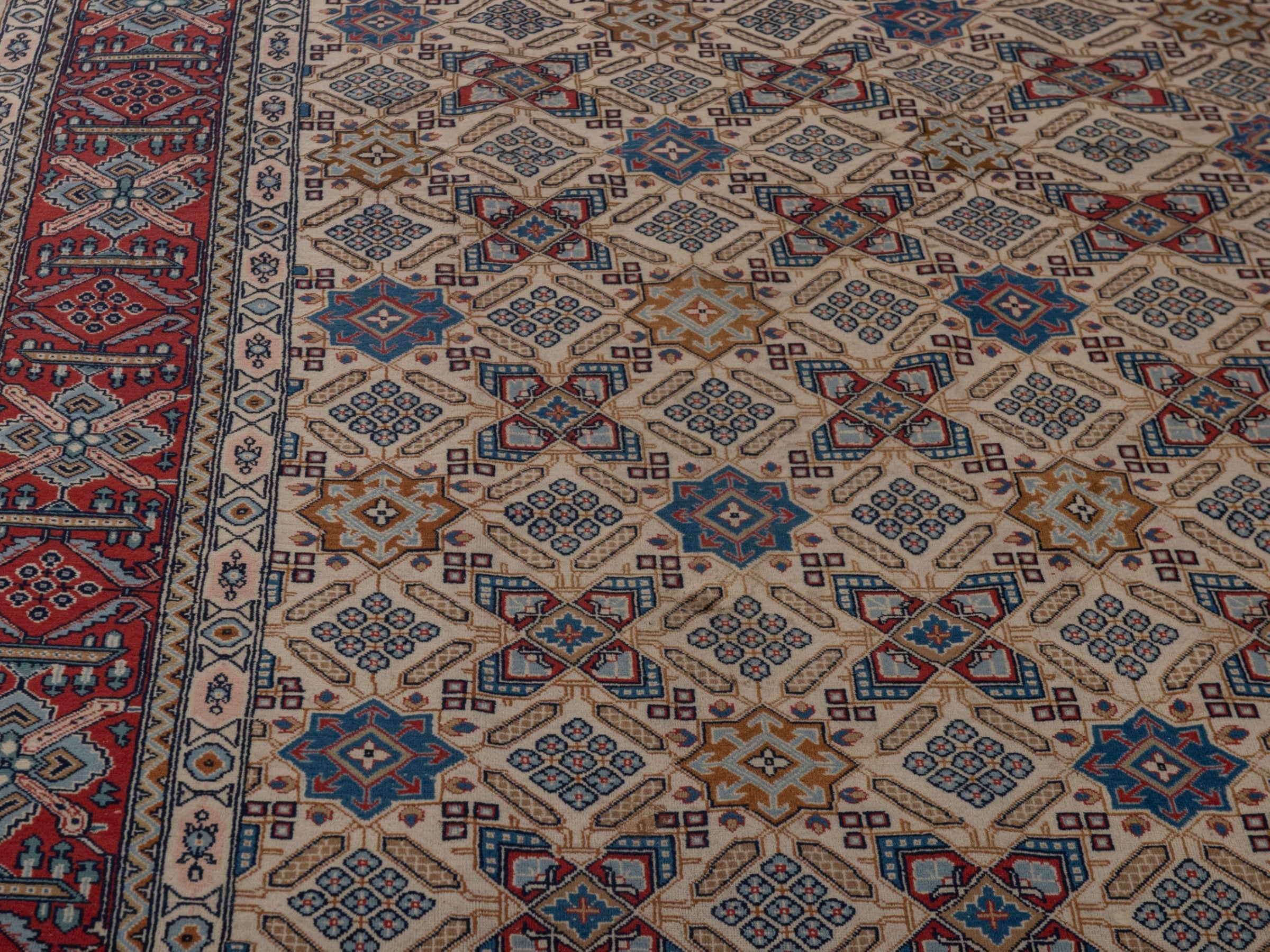 Persian Yazd area rug in straw and burgundy, view 7 of 21