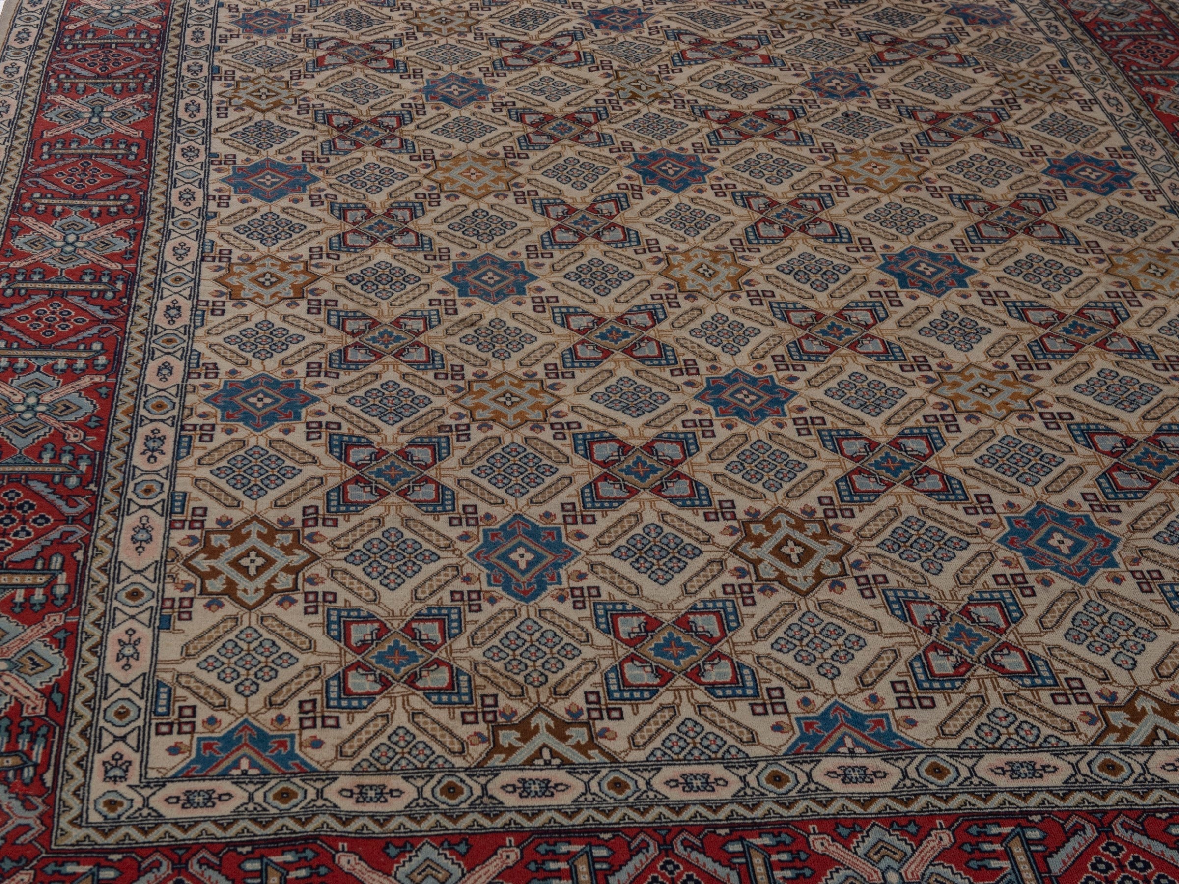 Persian Yazd area rug in straw and burgundy, view 9 of 21