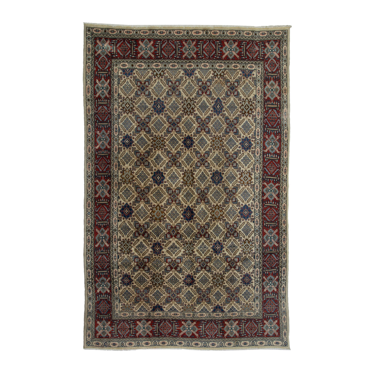 Persian Yazd area rug in straw and burgundy, 6'11" x 9'11"