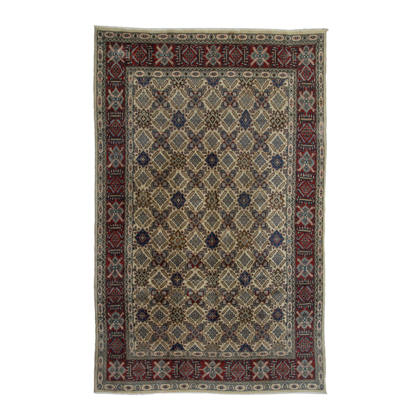 Persian Yazd area rug in straw and burgundy, 6'11" x 9'11"