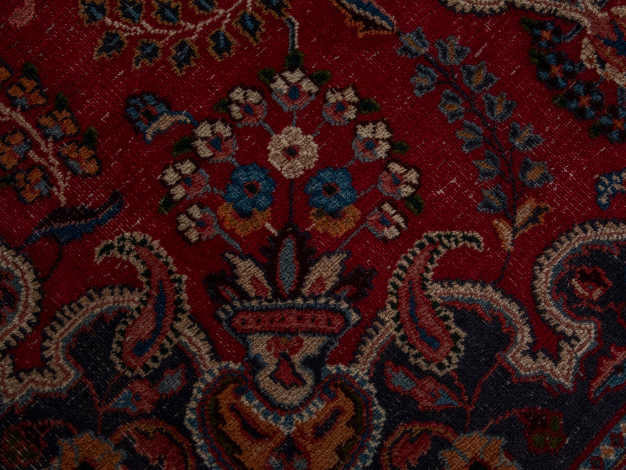 Persian Mashhad area rug in burgundy and dark brown, view 15 of 20