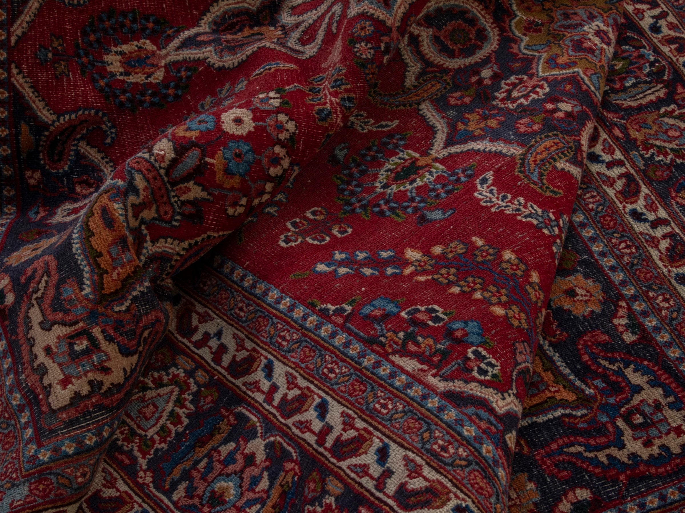 Persian Mashhad area rug in burgundy and dark brown, view 18 of 20