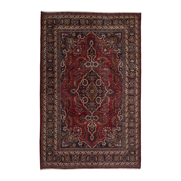Persian Mashhad area rug in burgundy and dark brown, 6'11" x 9'10"