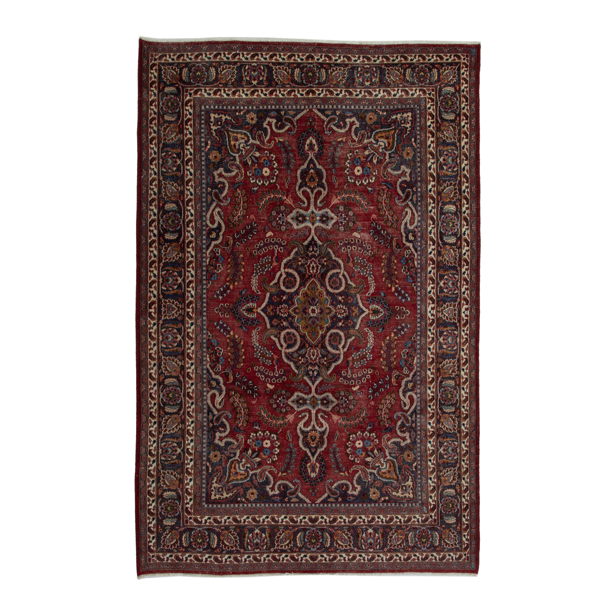 Persian Mashhad area rug in burgundy and dark brown, 6'11" x 9'10"