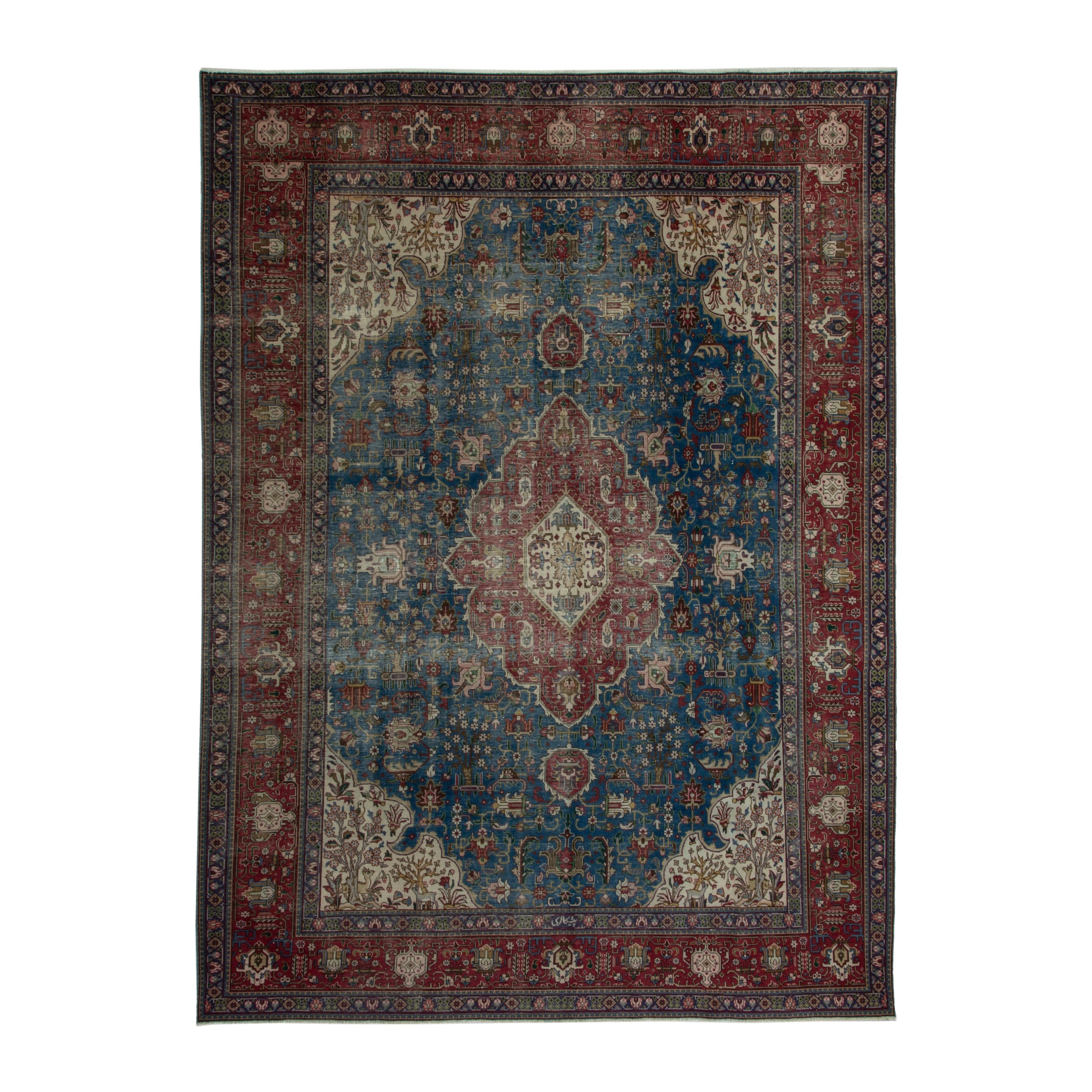 Persian Tabriz oversized rug in teal and burgundy, 10' x 12'6"