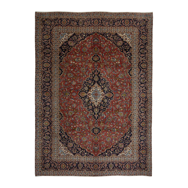 Persian Kashan oversized rug in rust and deep indigo, 9'6" x 13'