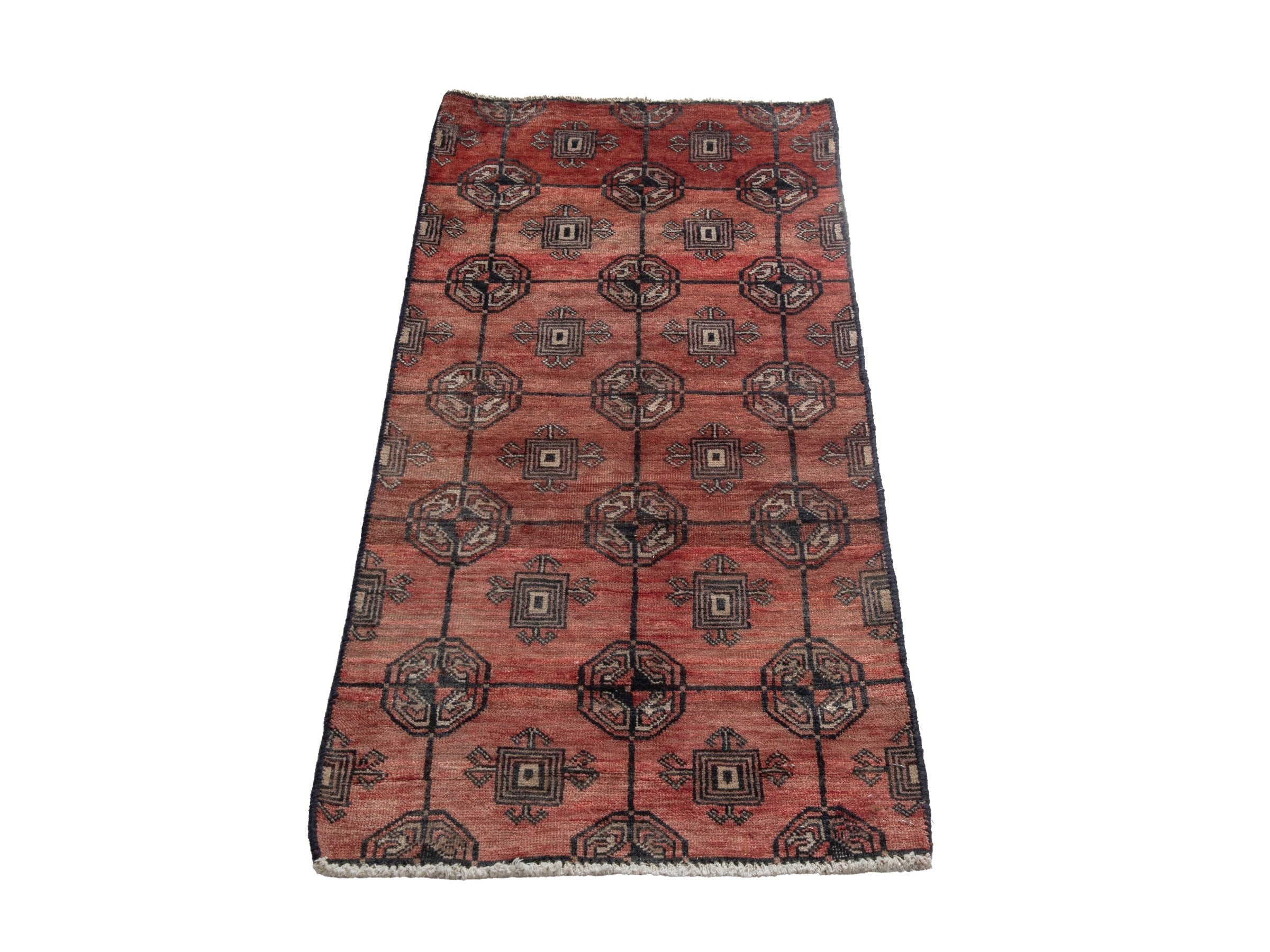 Persian Torkaman accent rug in terracotta and dark brown, view 3 of 8