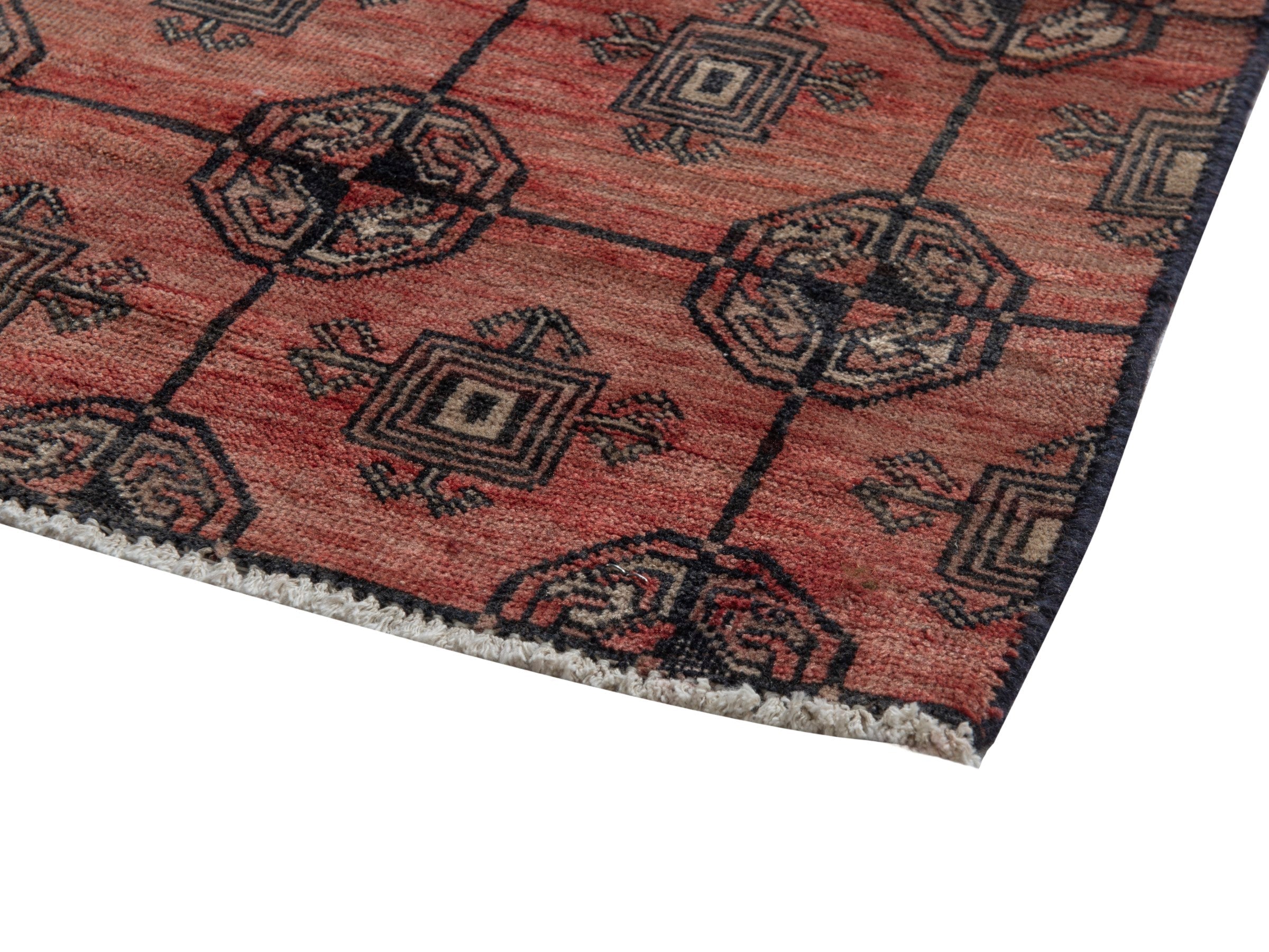 Persian Torkaman accent rug in terracotta and dark brown, view 5 of 8
