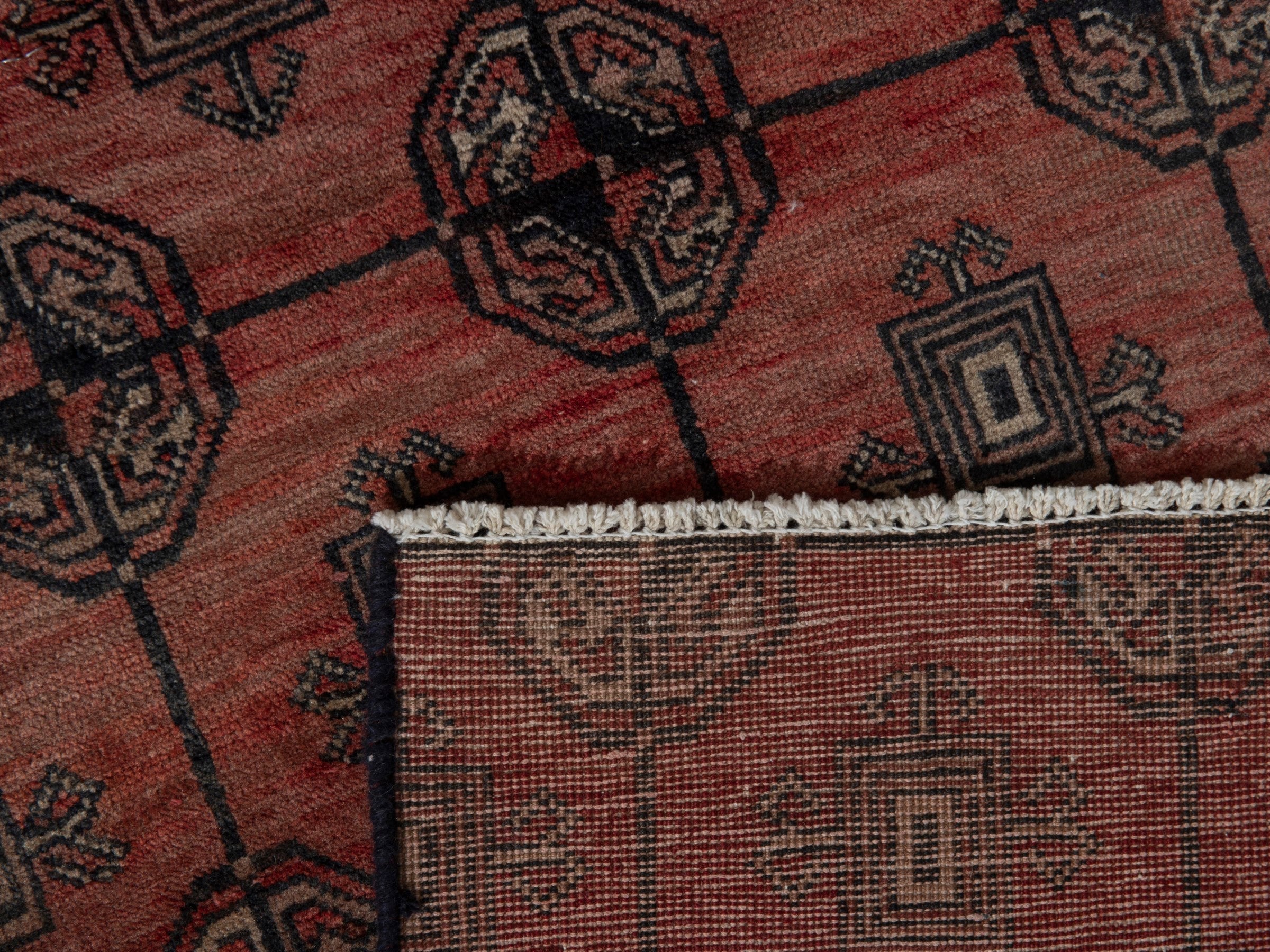 Persian Torkaman accent rug in terracotta and dark brown, view 8 of 8