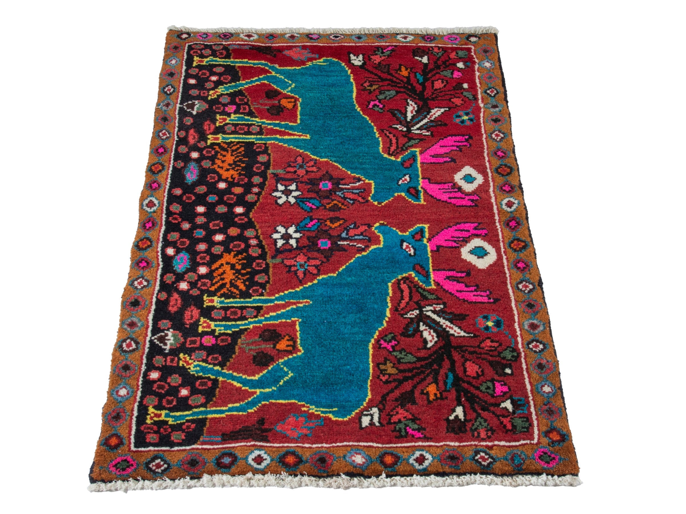 Persian Hamedan accent rug in deep red and teal, view 2 of 8