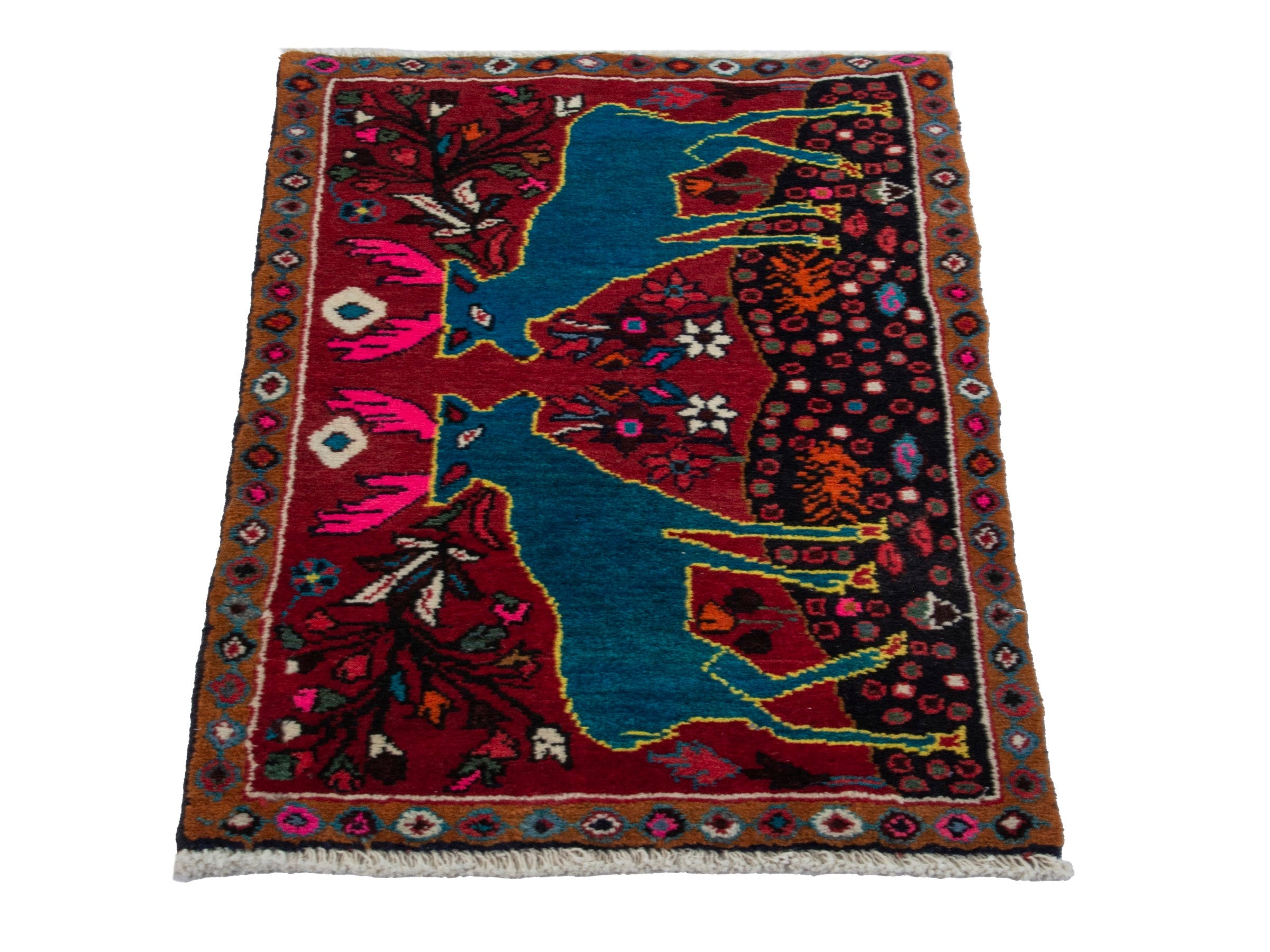 Persian Hamedan accent rug in deep red and teal, view 3 of 8