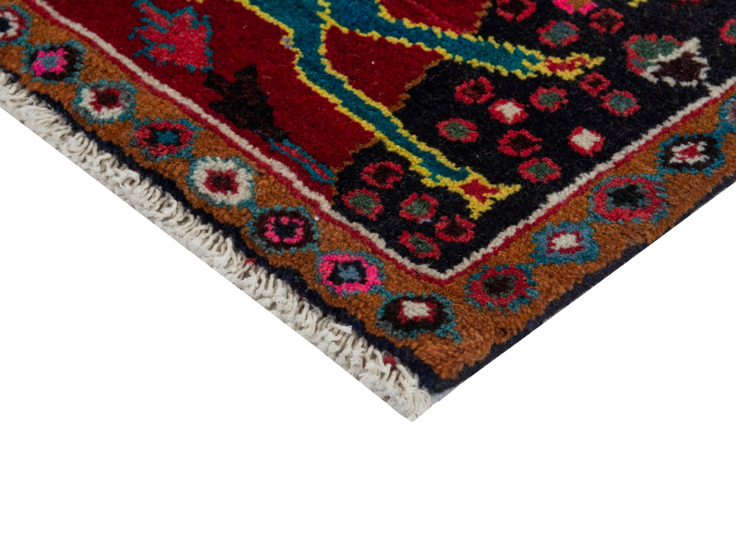 Persian Hamedan accent rug in deep red and teal, view 5 of 8