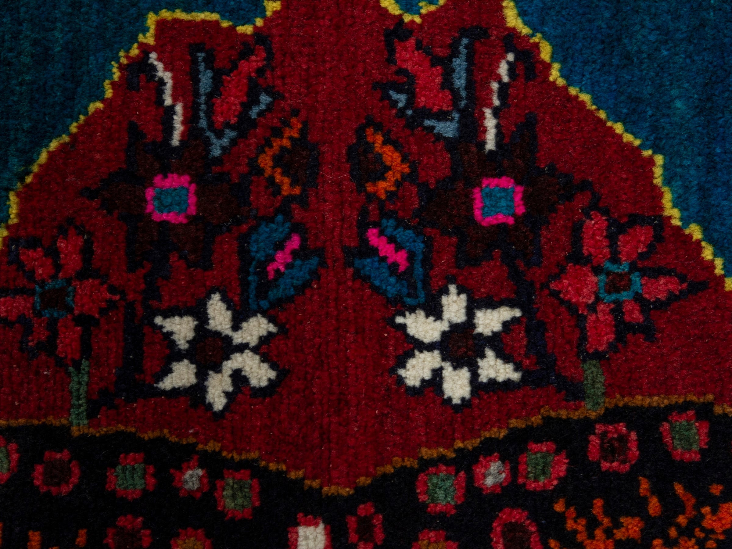 Persian Hamedan accent rug in deep red and teal, view 6 of 8