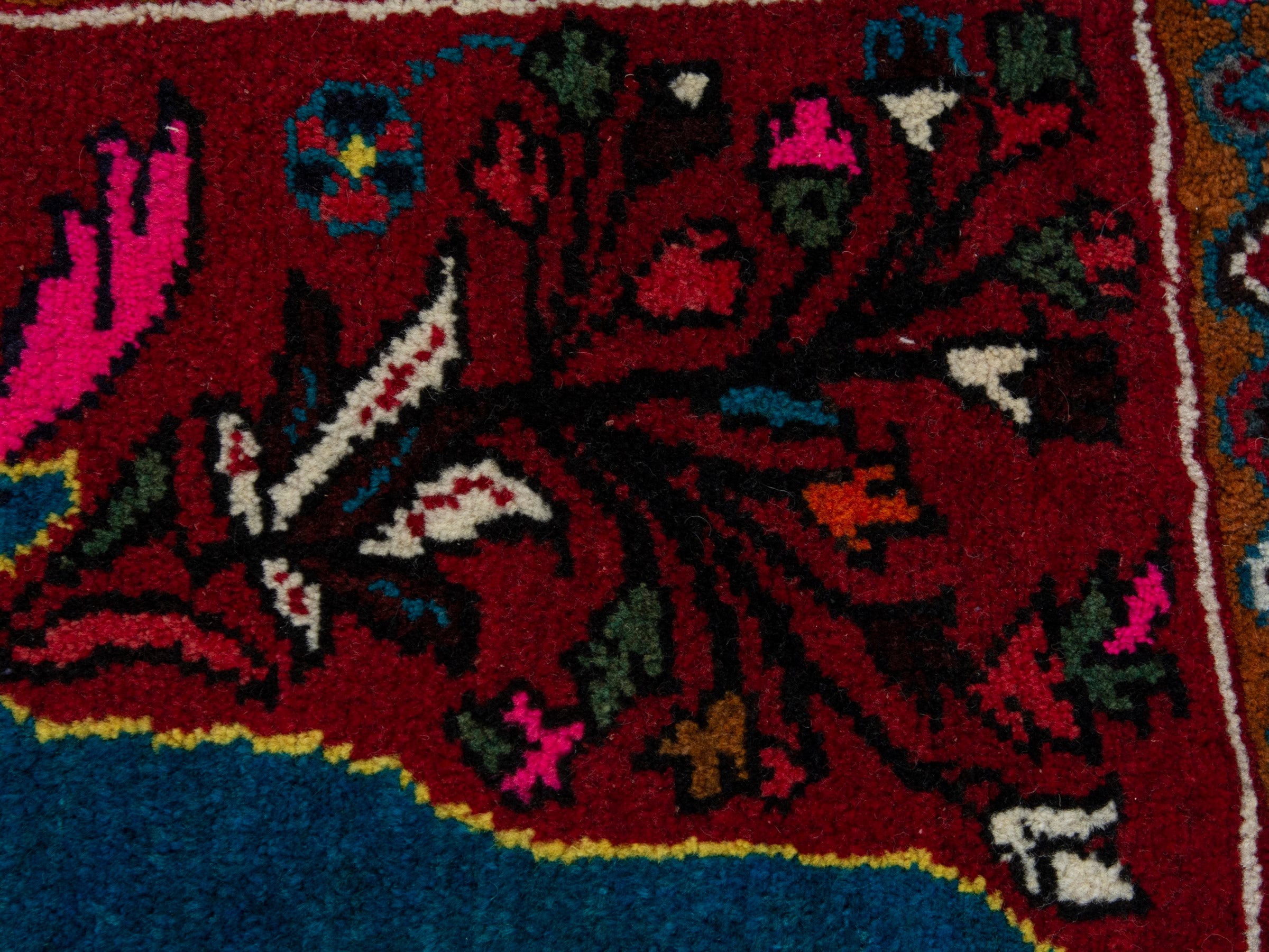 Persian Hamedan accent rug in deep red and teal, view 7 of 8