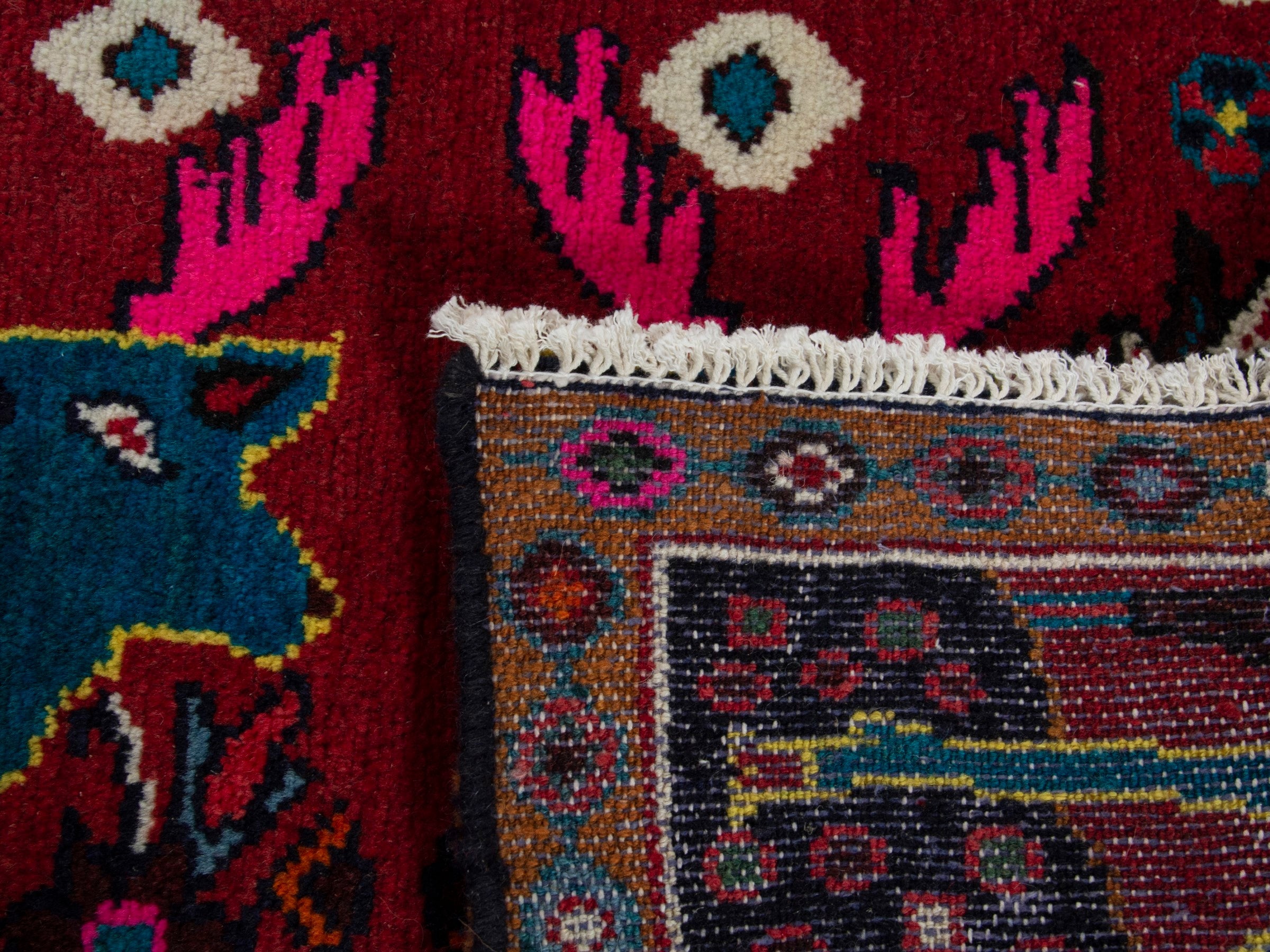Persian Hamedan accent rug in deep red and teal, view 8 of 8